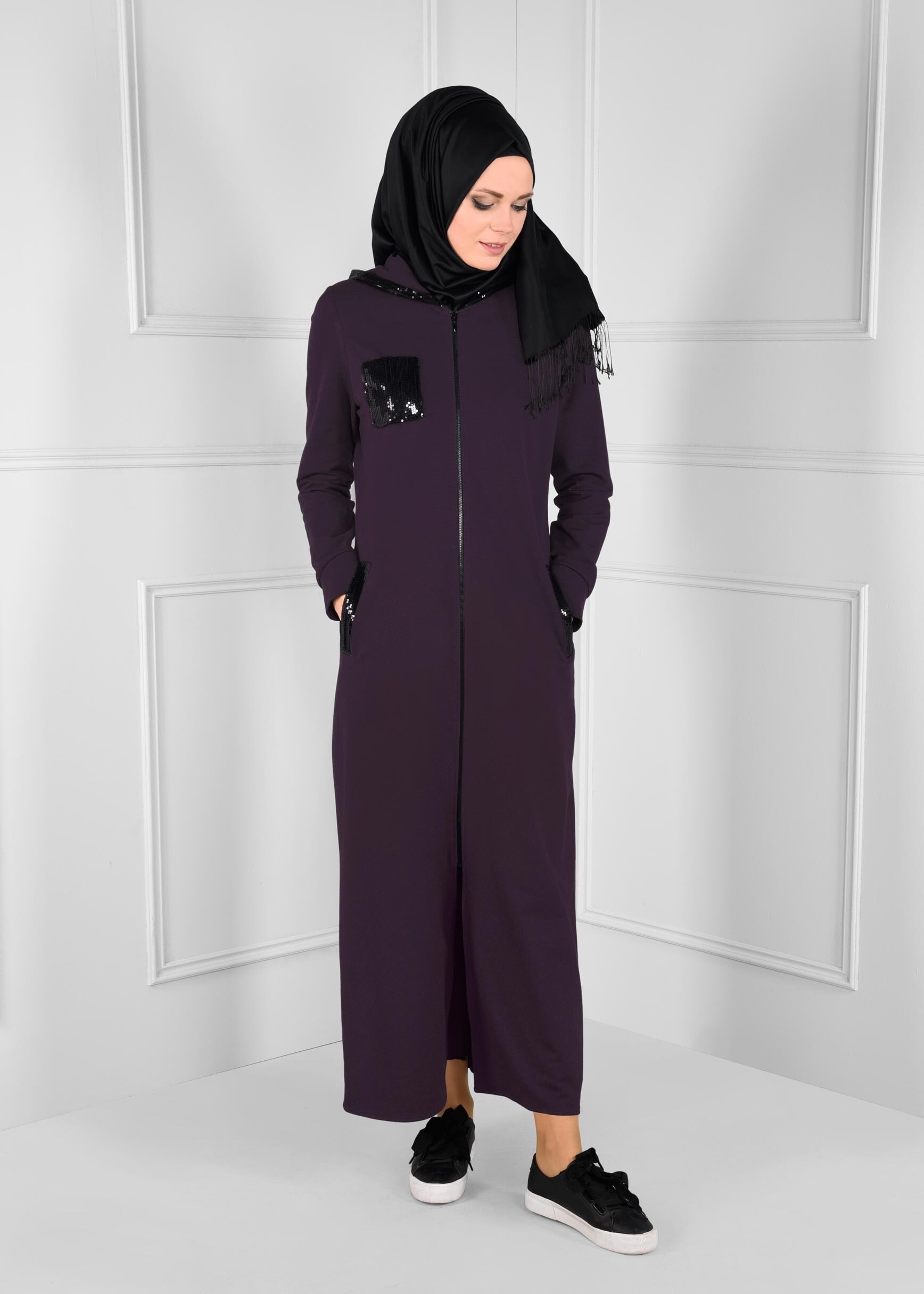 Tesettür giyim MOR PAYET DETAYLI KAPÜŞONLU CEPLİ EŞOFMAN TUNİK 4739