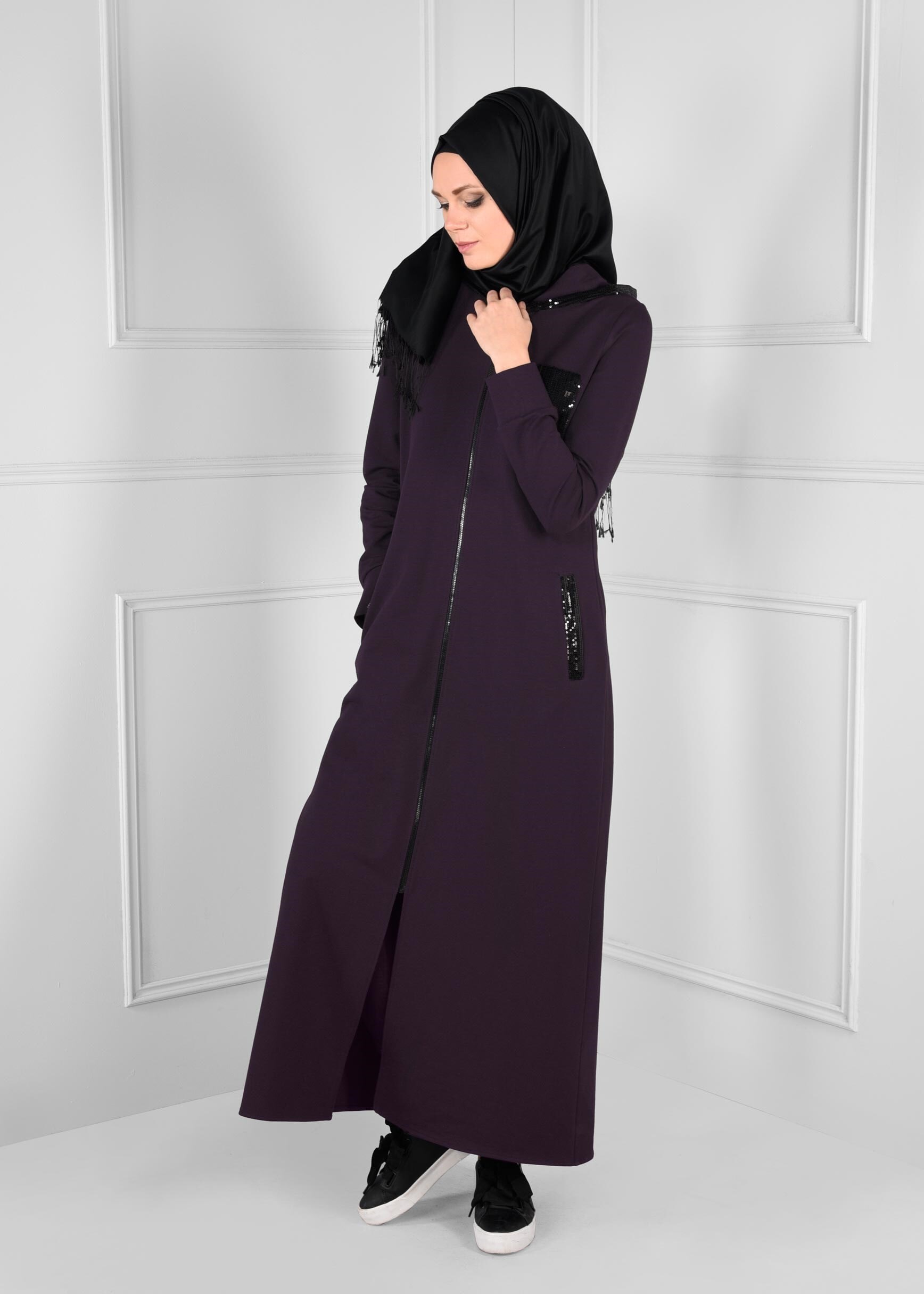 Tesettür giyim MOR PAYET DETAYLI KAPÜŞONLU CEPLİ EŞOFMAN TUNİK 4739