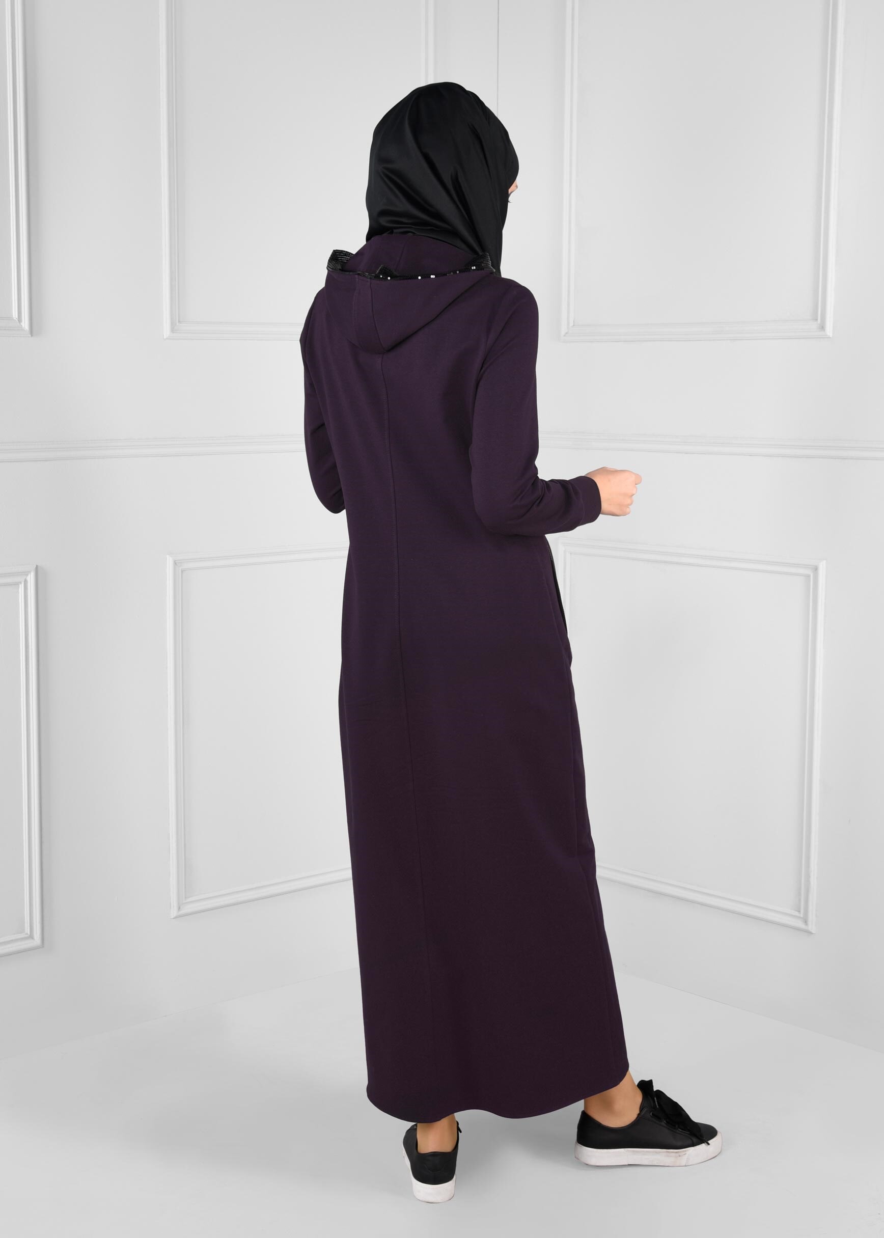 Tesettür giyim MOR PAYET DETAYLI KAPÜŞONLU CEPLİ EŞOFMAN TUNİK 4739