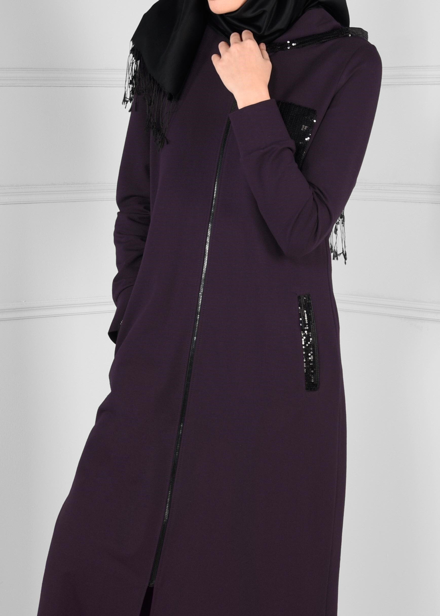 Tesettür giyim MOR PAYET DETAYLI KAPÜŞONLU CEPLİ EŞOFMAN TUNİK 4739