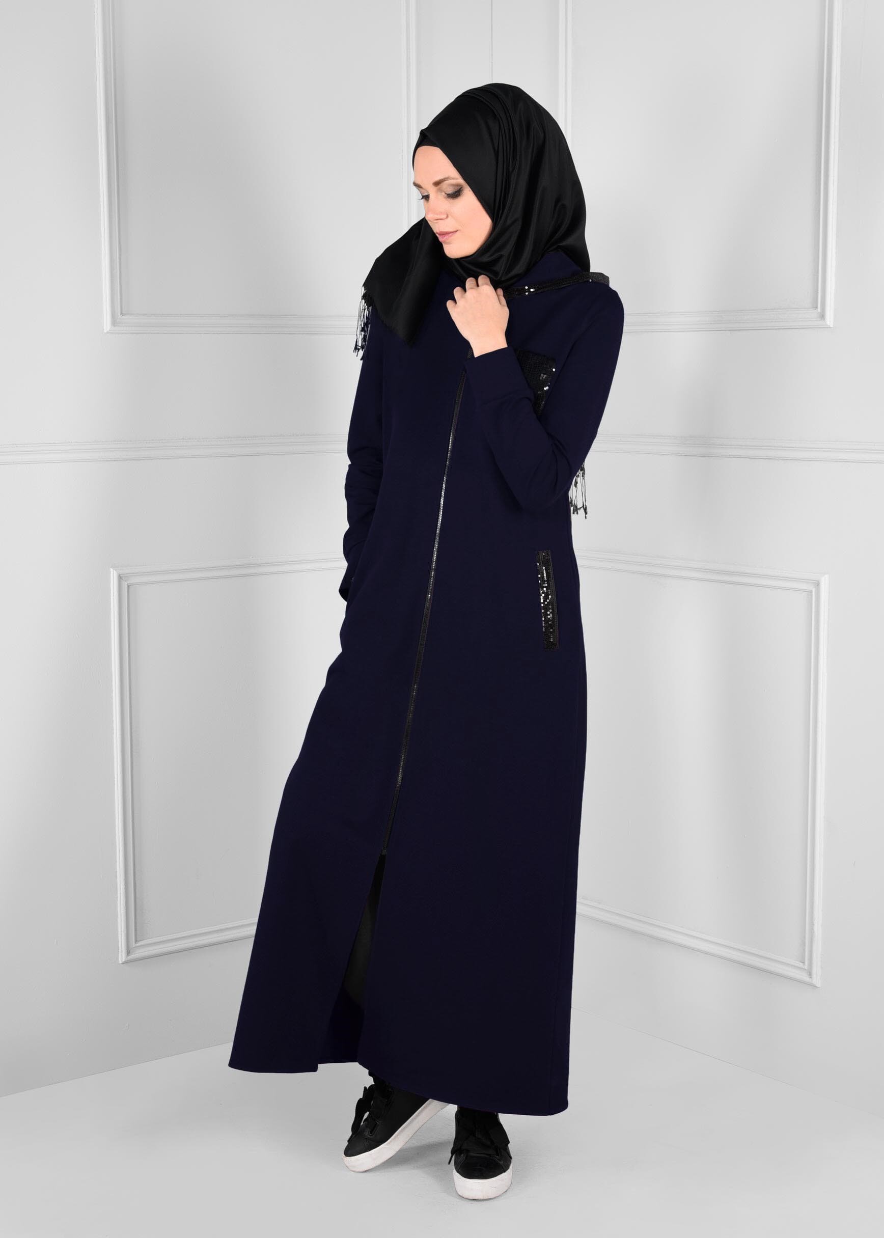 Tesettür giyim LACİVERT PAYET DETAYLI KAPÜŞONLU CEPLİ EŞOFMAN TUNİK 4739