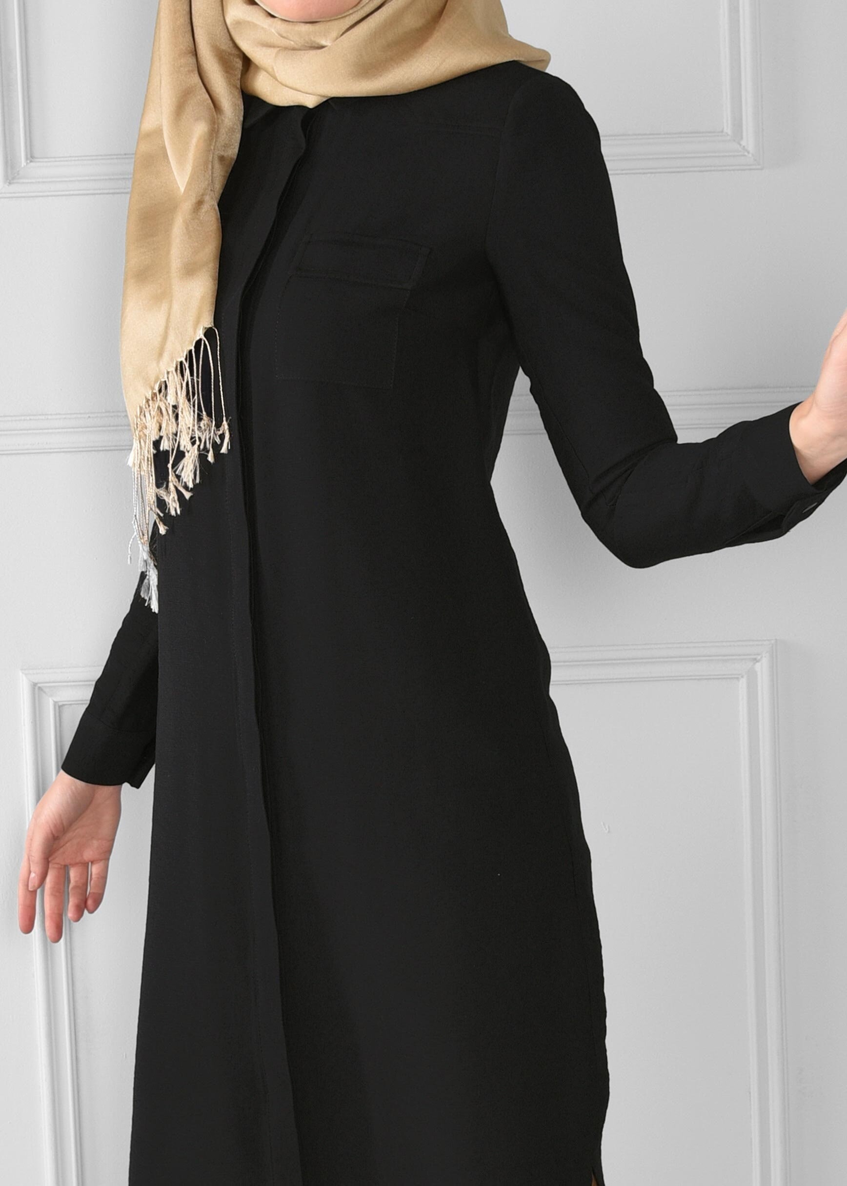 Tesettür giyim SİYAH GİZLİ DÜĞMELİ CEPLİ TUNİK 4750