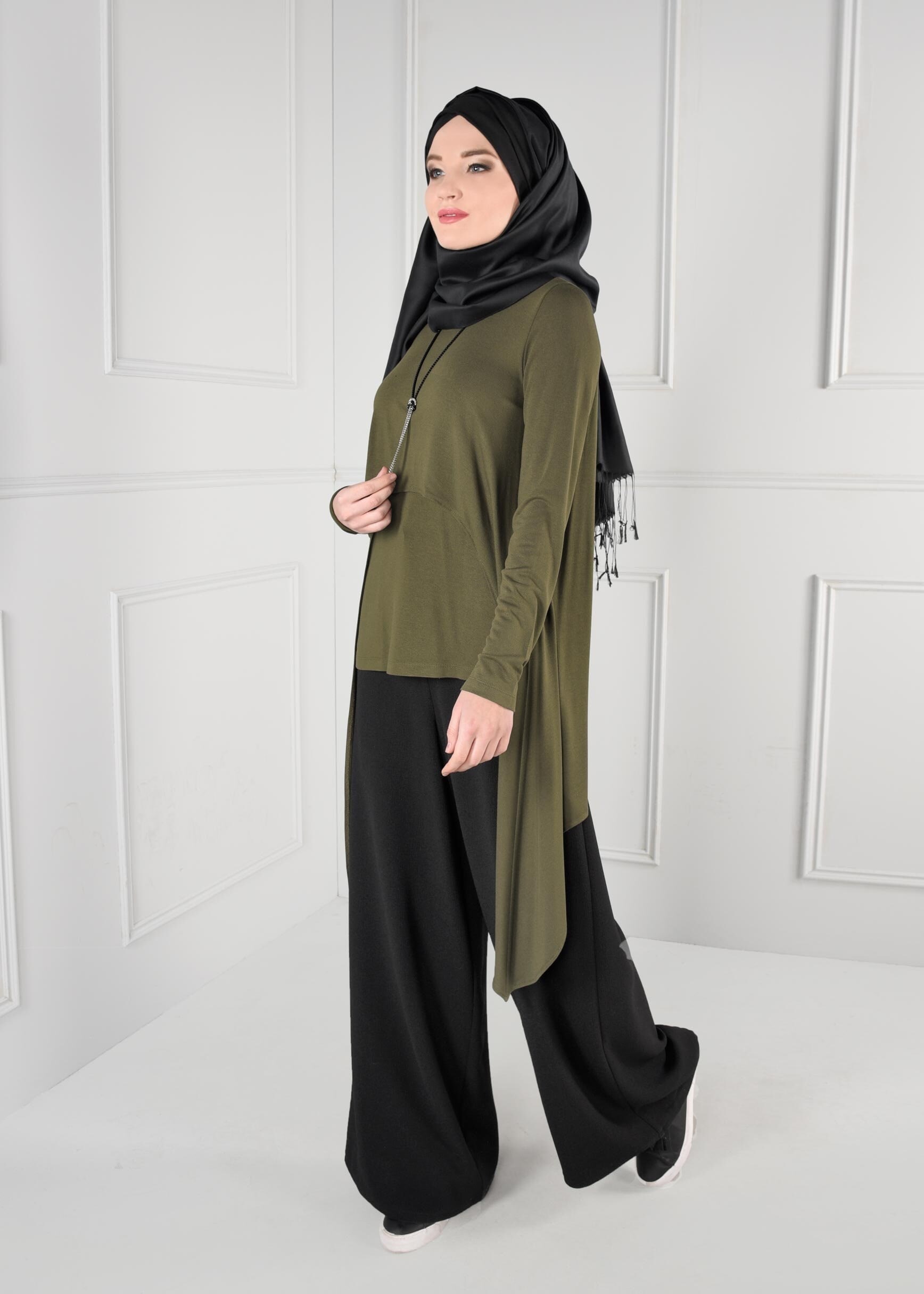 Tesettür giyim HAKİ ASİMETRİK KESİM TUNİK 4753