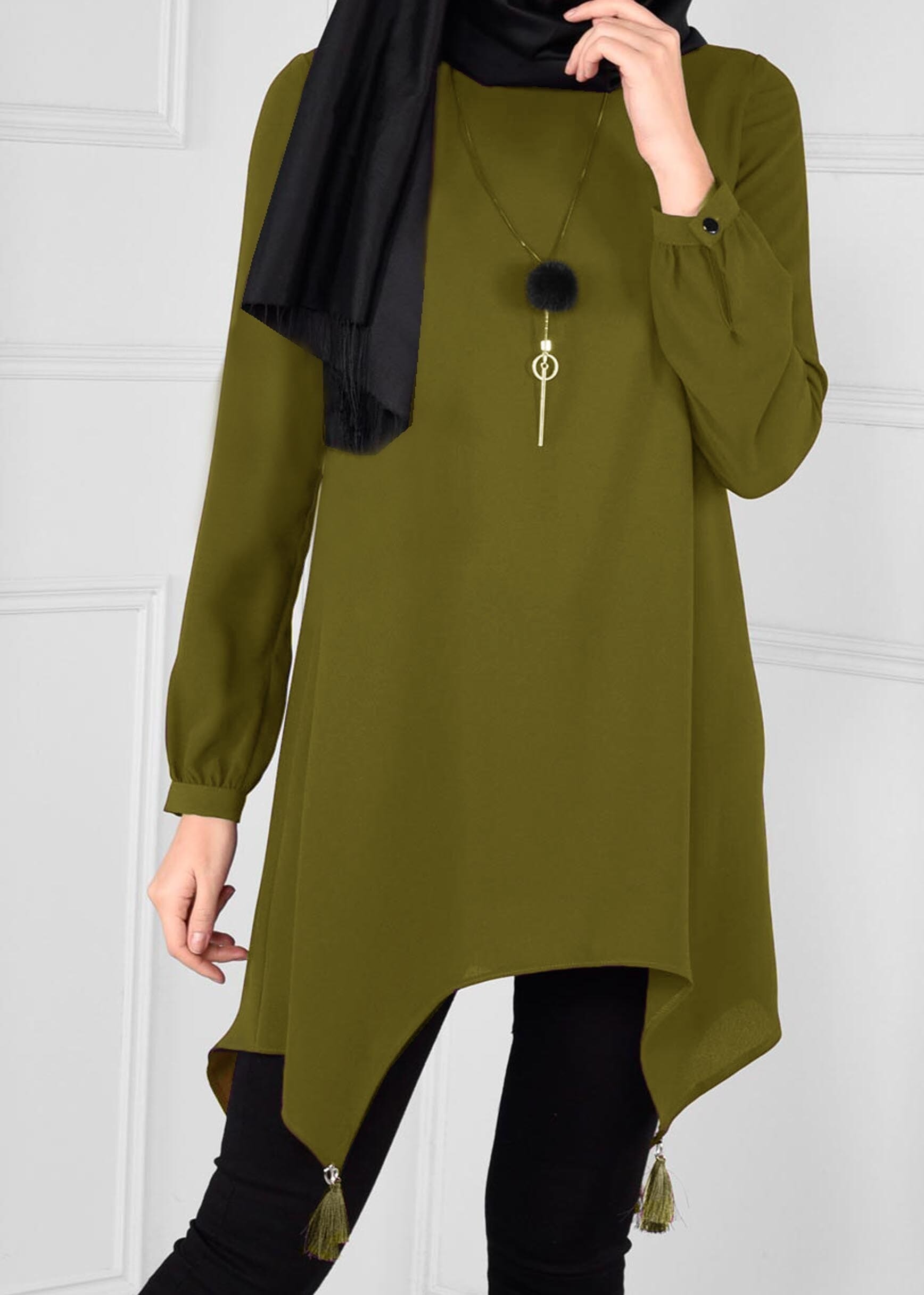 Tesettür giyim YEŞİL ASİMETRİK KESİM PÜSKÜL DETAYLI TUNİK 4754
