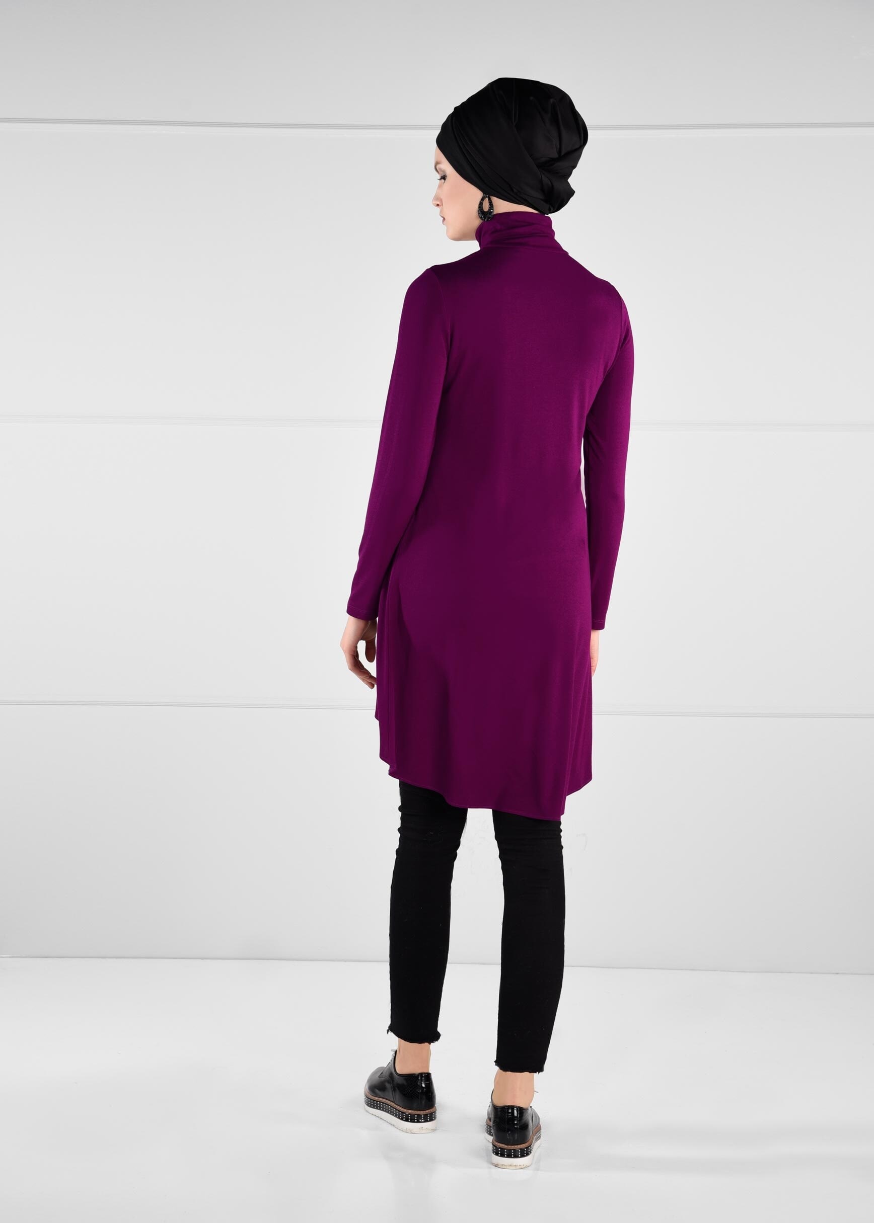 Tesettür giyim MOR BALIKÇI YAKA ASİMETRİK KESİM TUNİK 4757