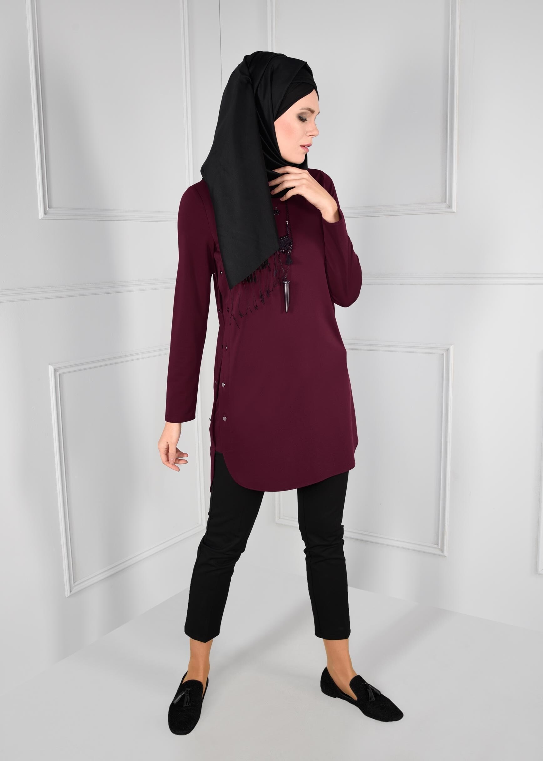 Tesettür giyim MOR YANLARI ZIMBA DETAYLI TUNİK 4762