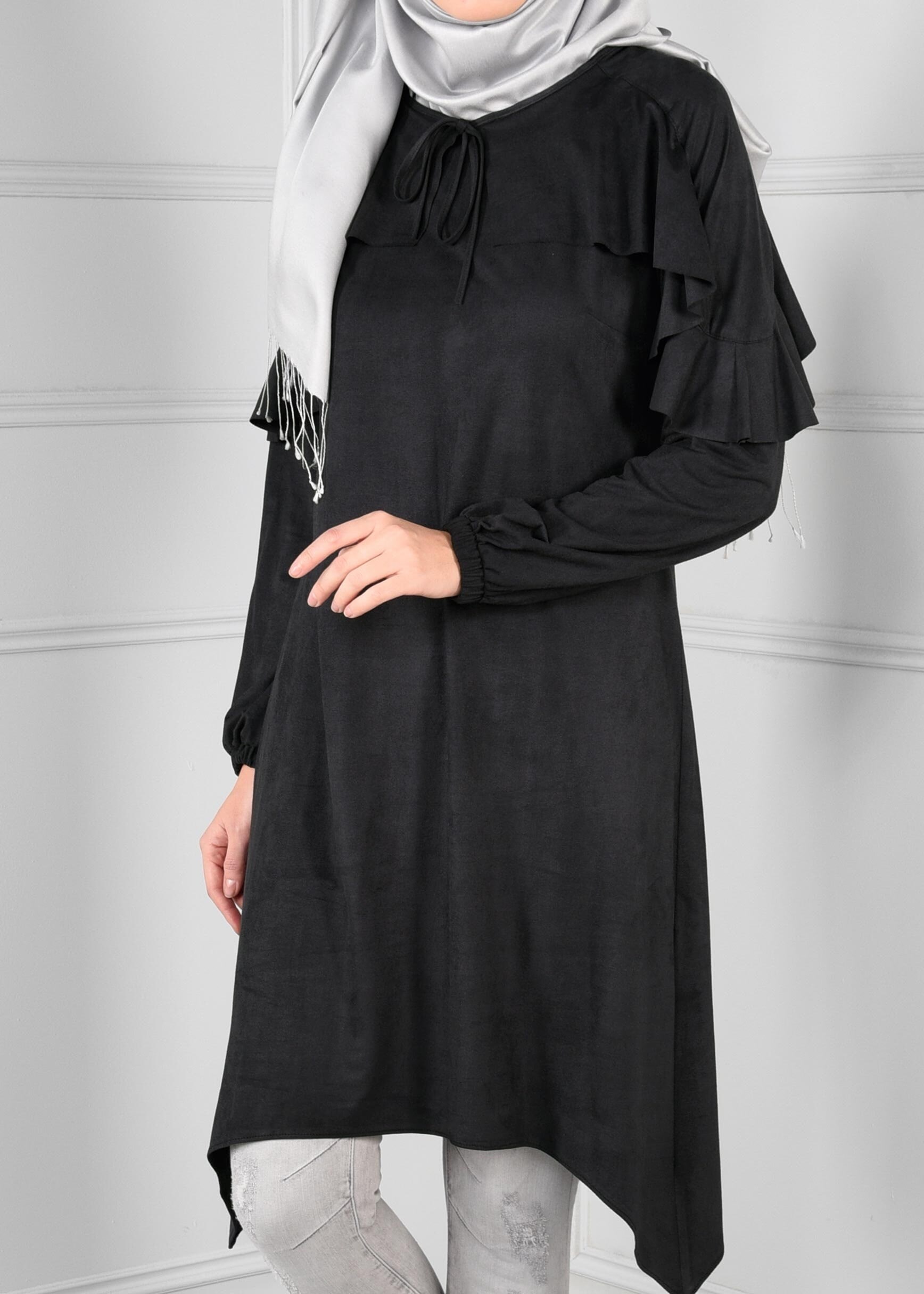 Tesettür giyim SİYAH MANŞETLERİ LASTİKLİ ASİMETRİK KESİM TUNİK 4763