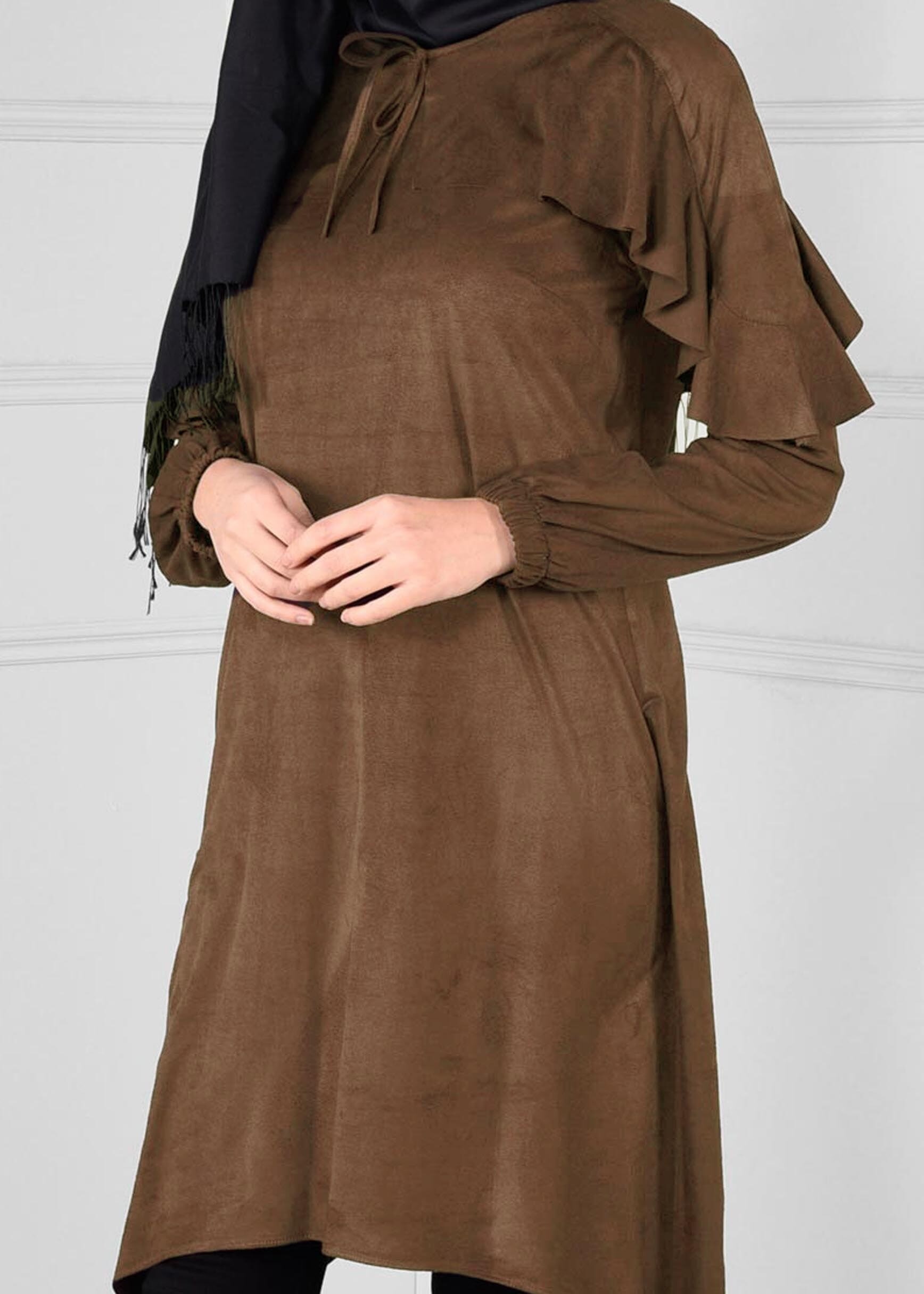 Tesettür giyim KAHVE MANŞETLERİ LASTİKLİ ASİMETRİK KESİM TUNİK 4763