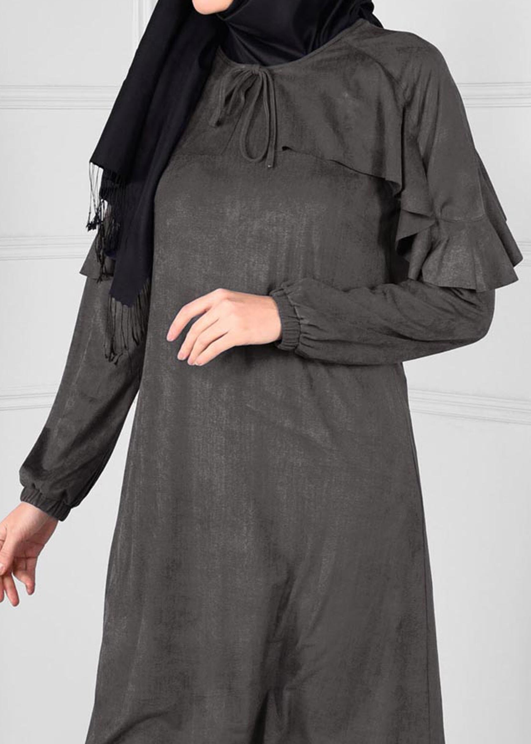 Tesettür giyim GRİ MANŞETLERİ LASTİKLİ ASİMETRİK KESİM TUNİK 4763