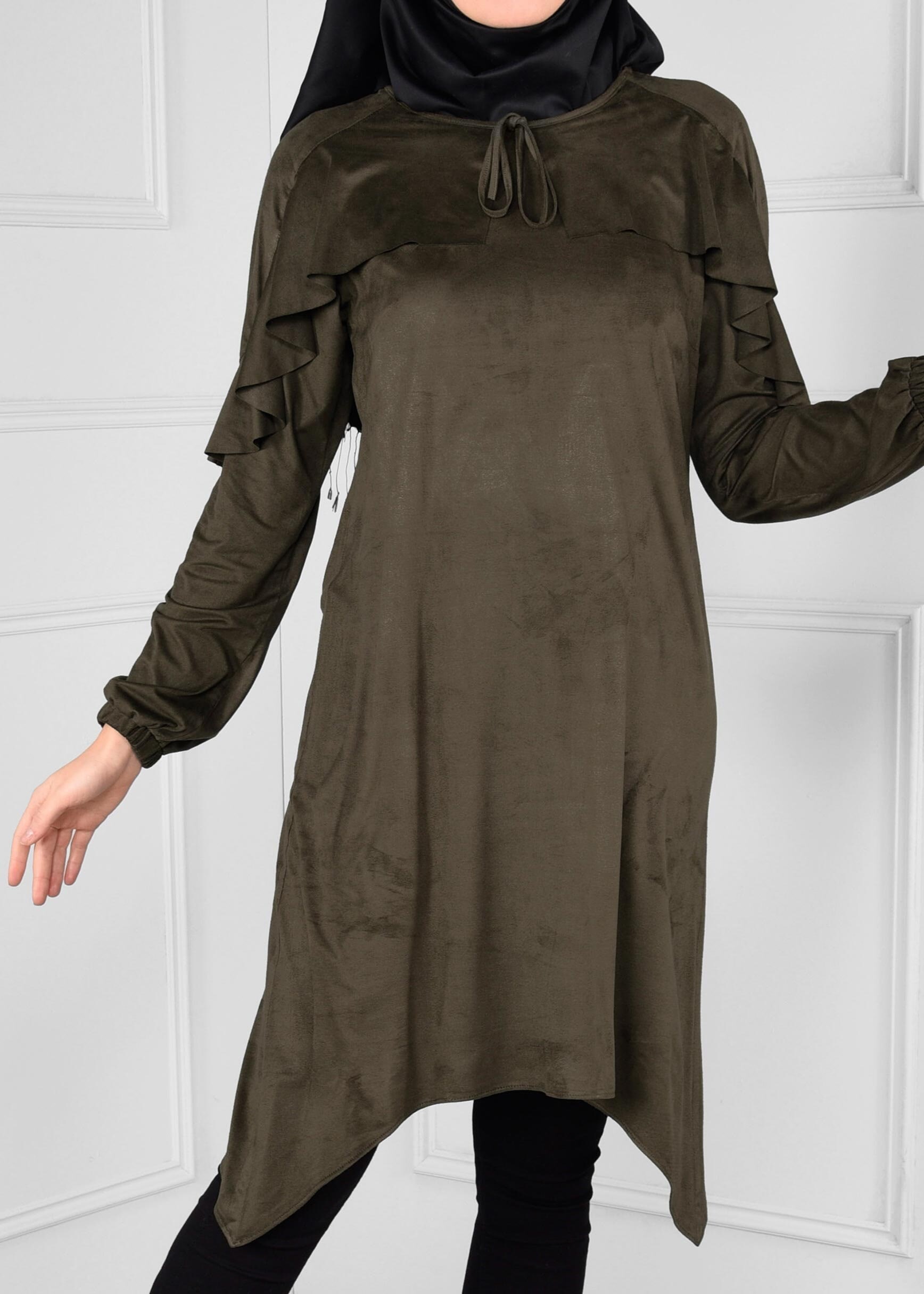 Tesettür giyim HAKİ MANŞETLERİ LASTİKLİ ASİMETRİK KESİM TUNİK 4763