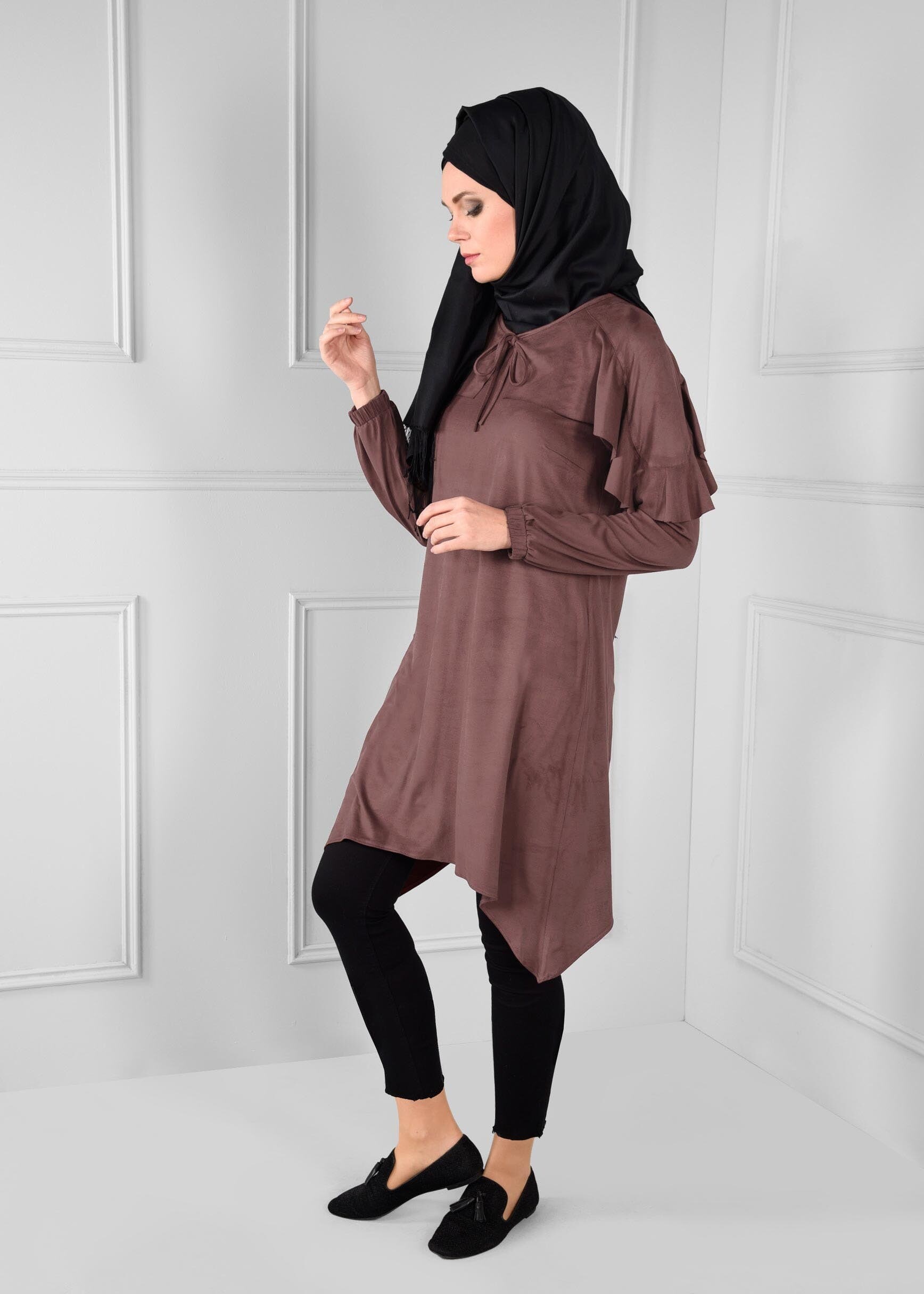 Tesettür giyim PUDRA MANŞETLERİ LASTİKLİ ASİMETRİK KESİM TUNİK 4763