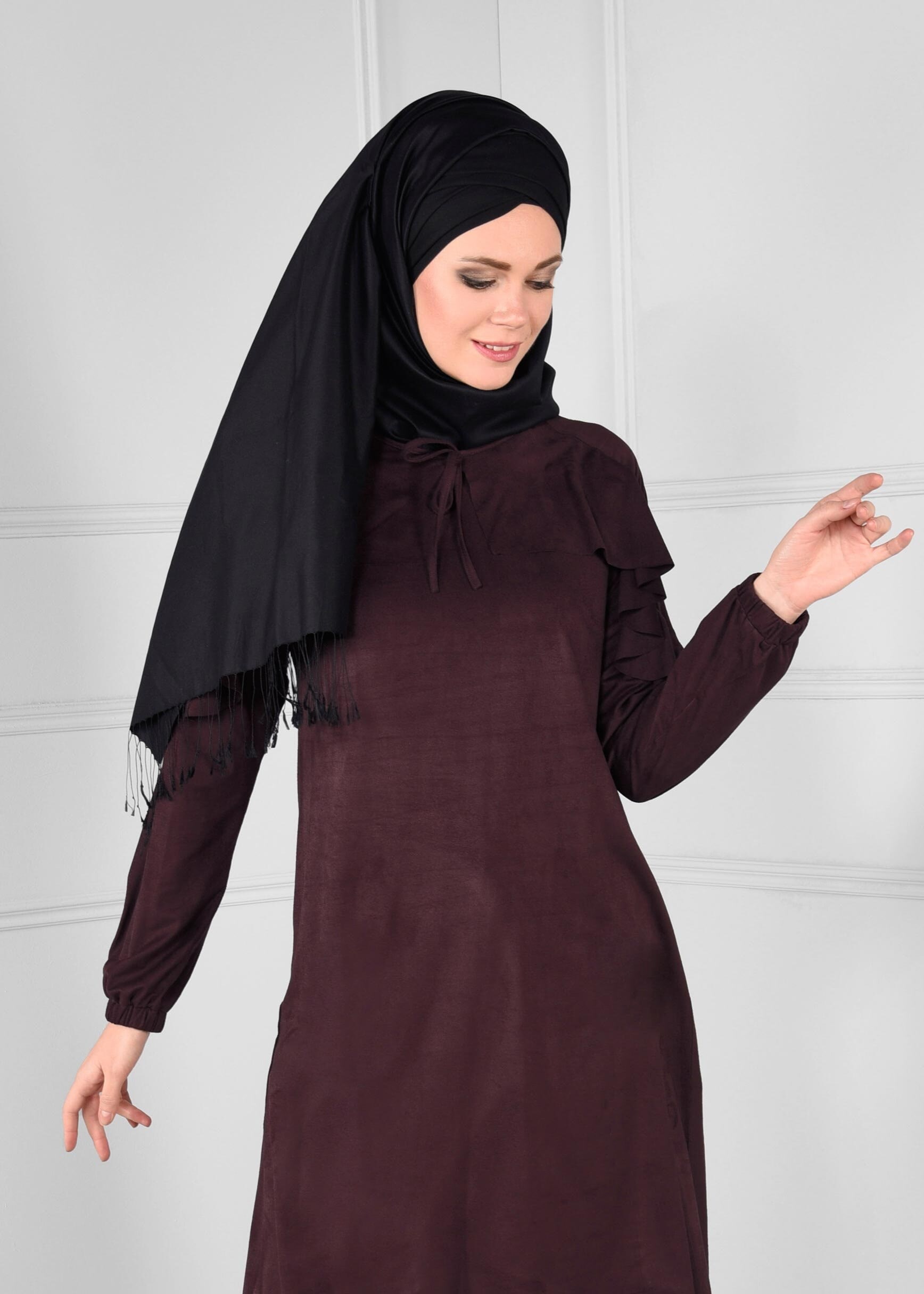 Tesettür giyim BORDO MANŞETLERİ LASTİKLİ ASİMETRİK KESİM TUNİK 4763