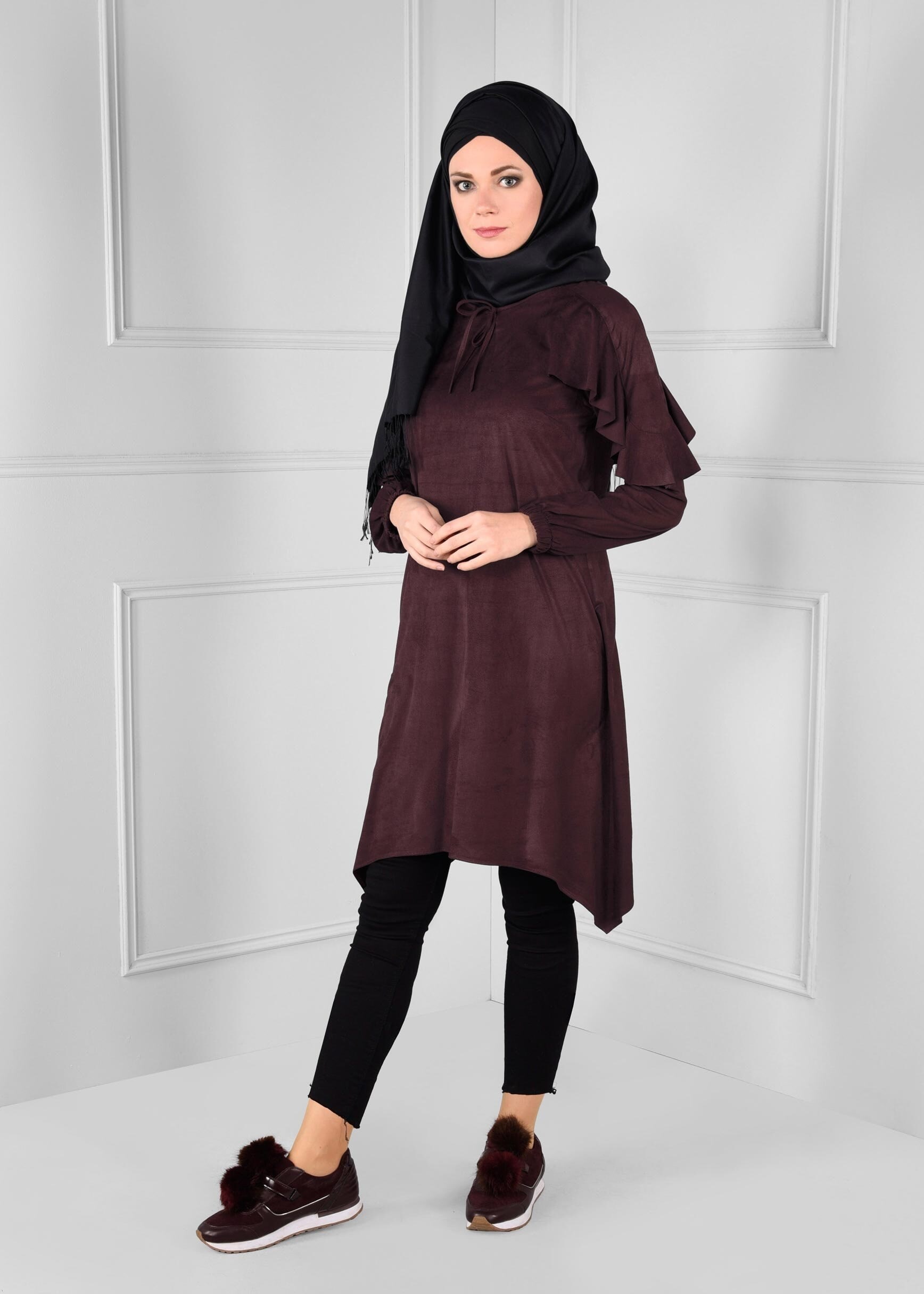 Tesettür giyim BORDO MANŞETLERİ LASTİKLİ ASİMETRİK KESİM TUNİK 4763