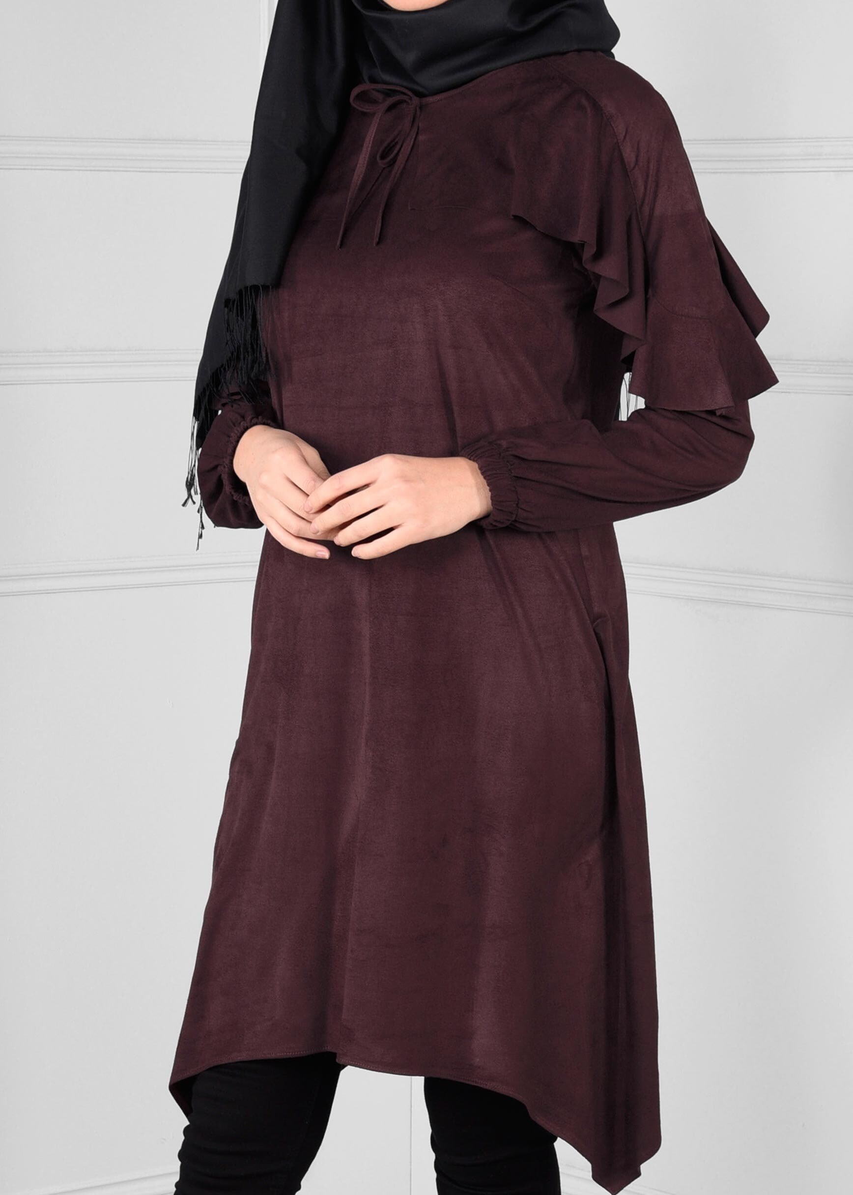 Tesettür giyim BORDO MANŞETLERİ LASTİKLİ ASİMETRİK KESİM TUNİK 4763