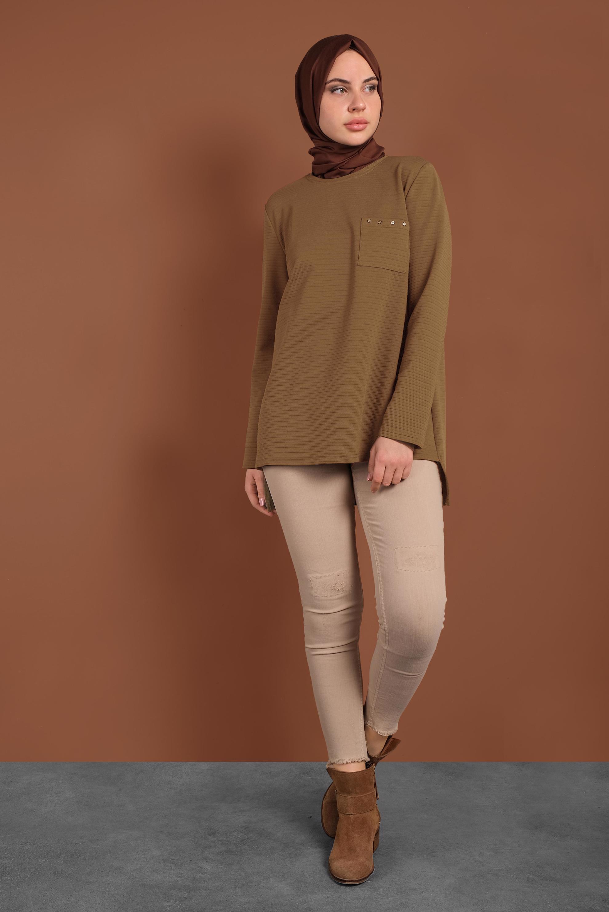 Tesettür giyim KAHVE ÇİZGİLİ CEPLİ TUNİK 4773