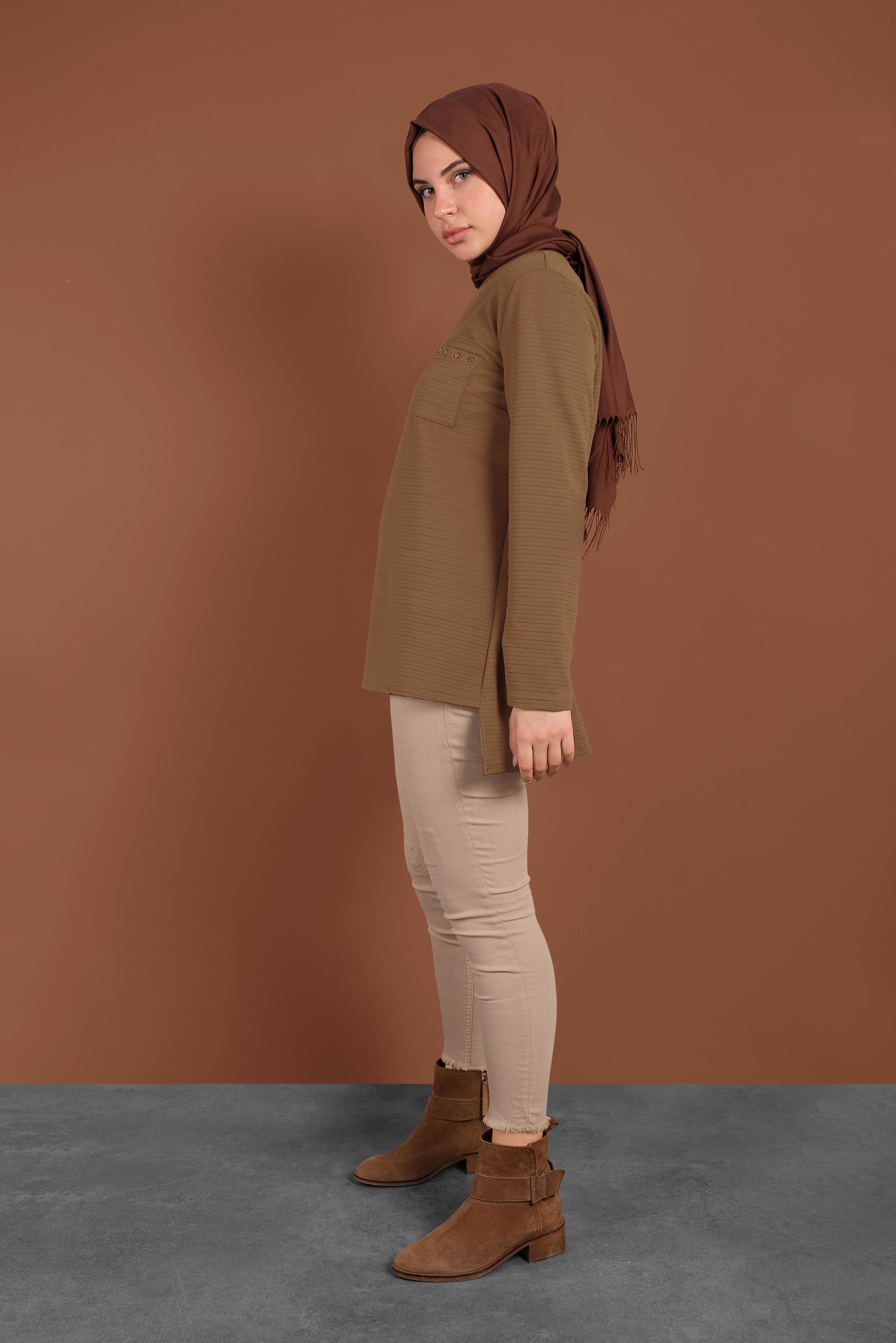 Tesettür giyim KAHVE ÇİZGİLİ CEPLİ TUNİK 4773