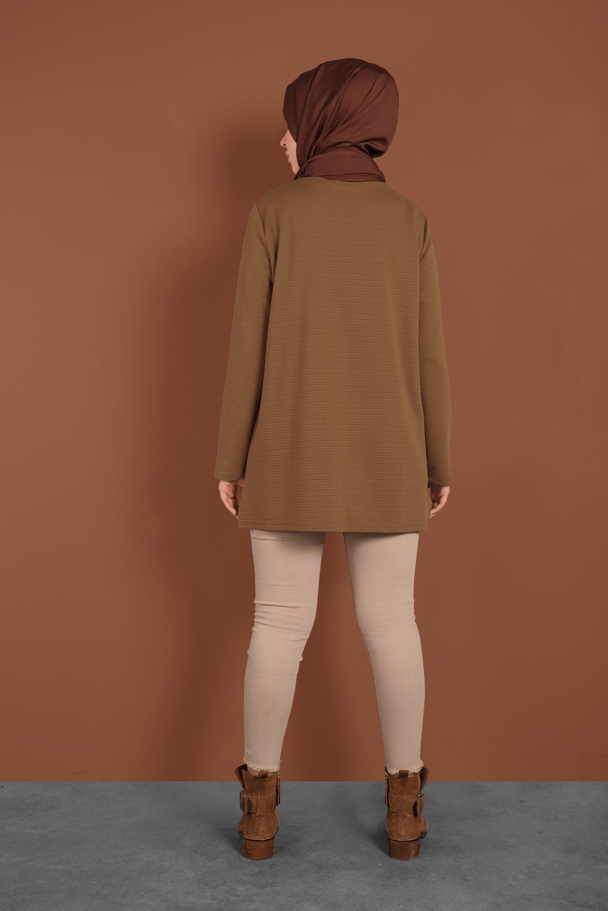 Tesettür giyim KAHVE ÇİZGİLİ CEPLİ TUNİK 4773