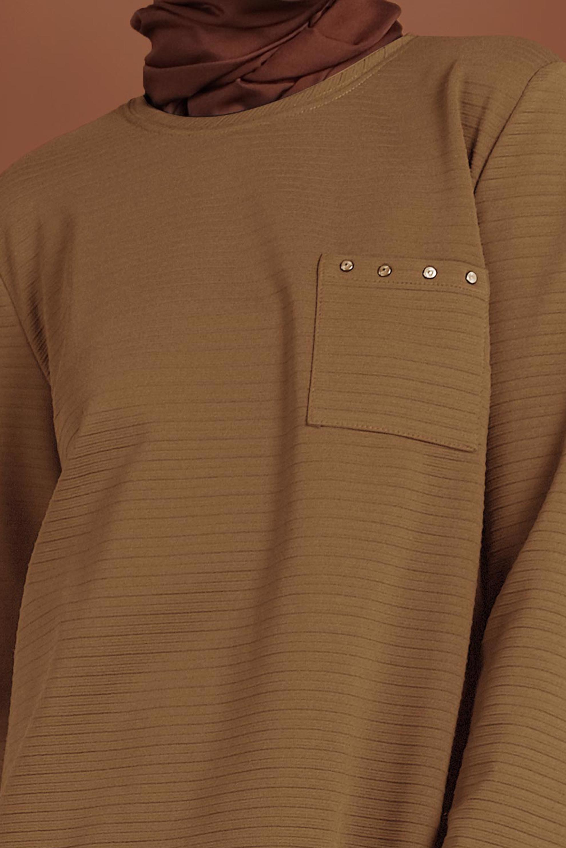 Tesettür giyim KAHVE ÇİZGİLİ CEPLİ TUNİK 4773