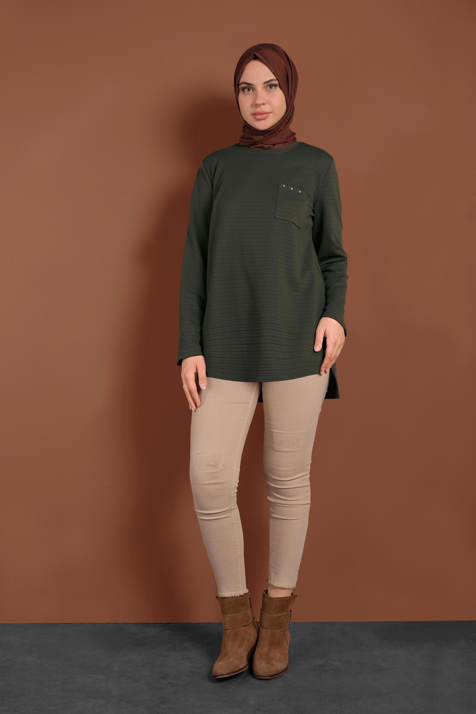 Tesettür giyim HAKİ ÇİZGİLİ CEPLİ TUNİK 4773