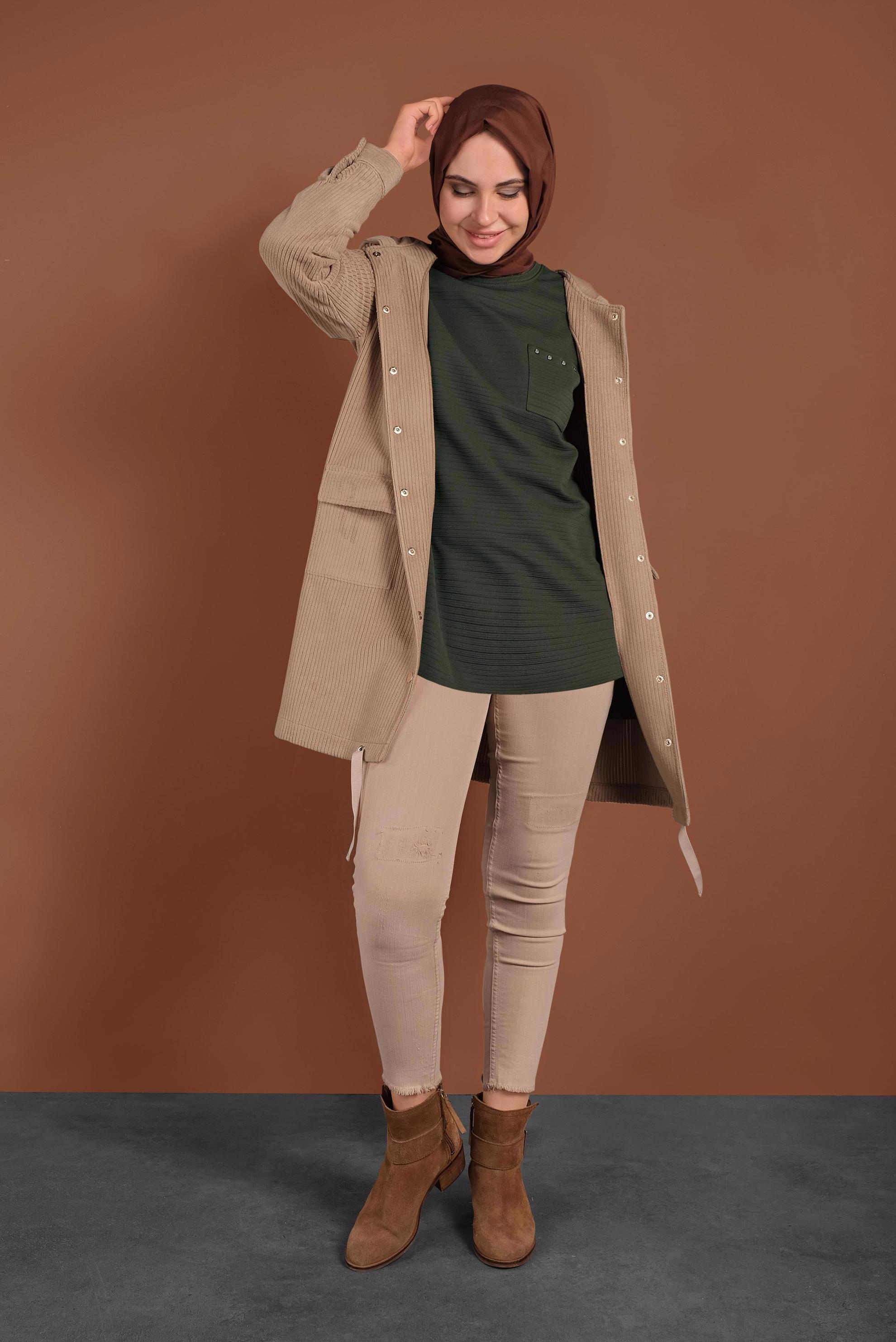 Tesettür giyim HAKİ ÇİZGİLİ CEPLİ TUNİK 4773