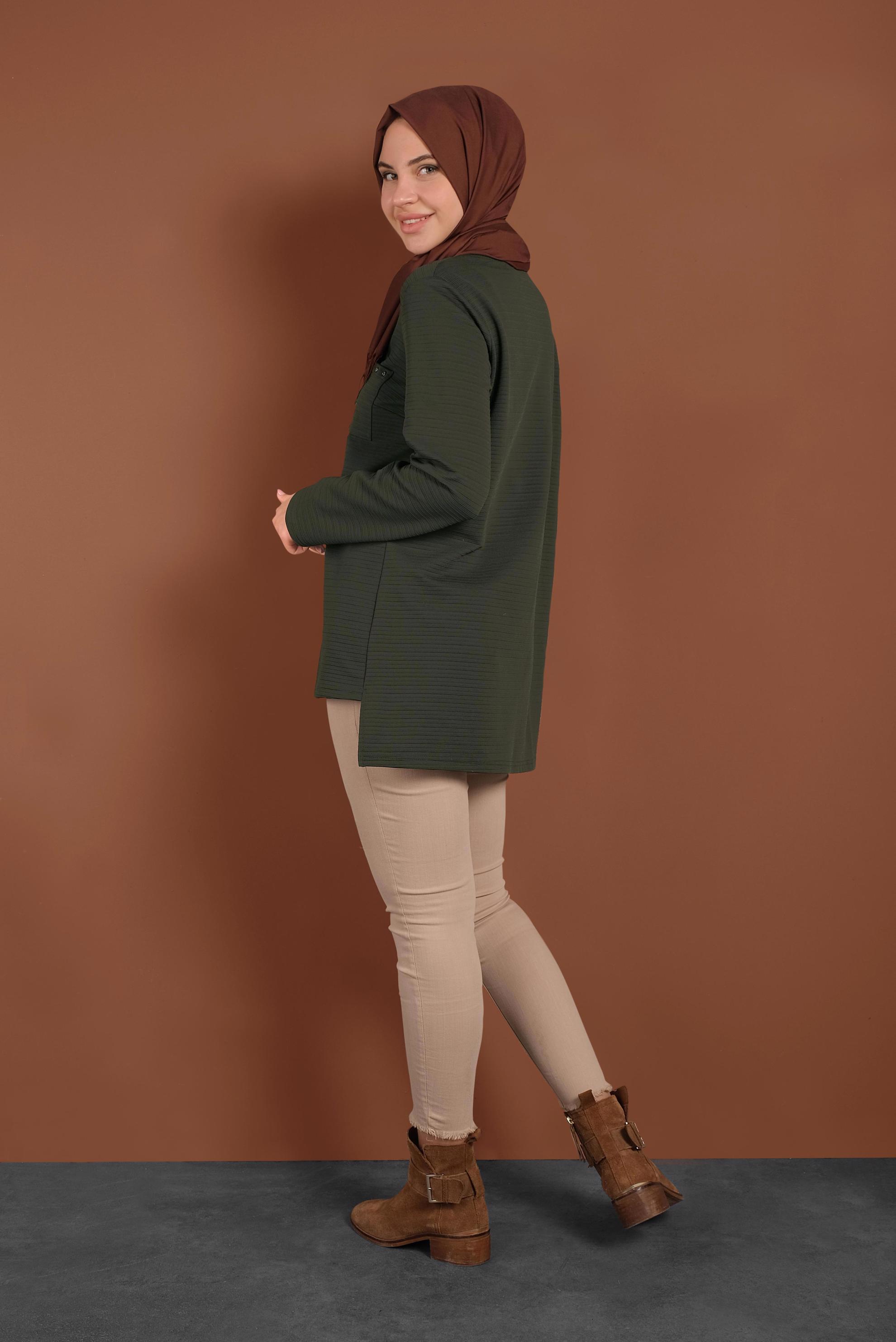 Tesettür giyim HAKİ ÇİZGİLİ CEPLİ TUNİK 4773