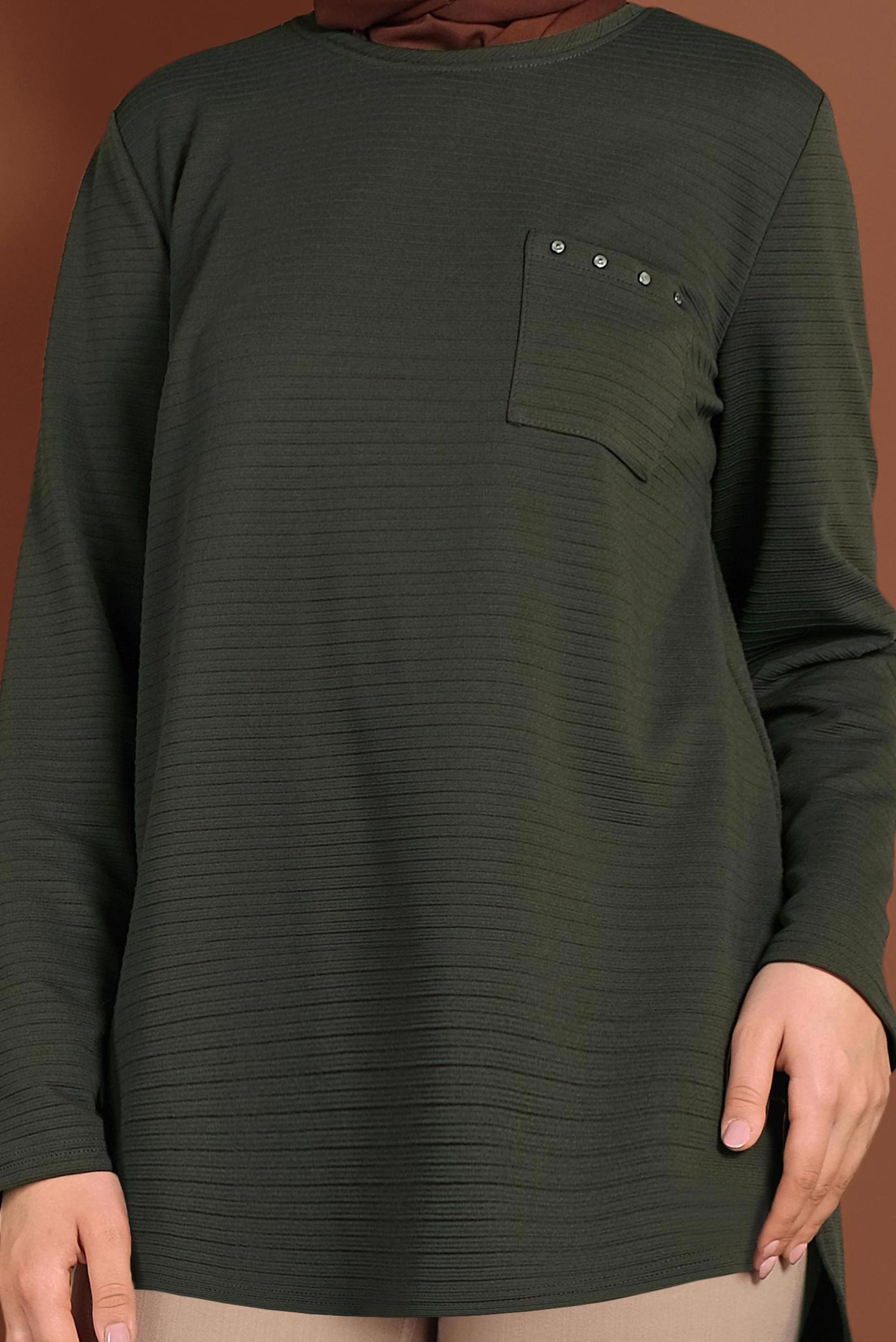 Tesettür giyim HAKİ ÇİZGİLİ CEPLİ TUNİK 4773