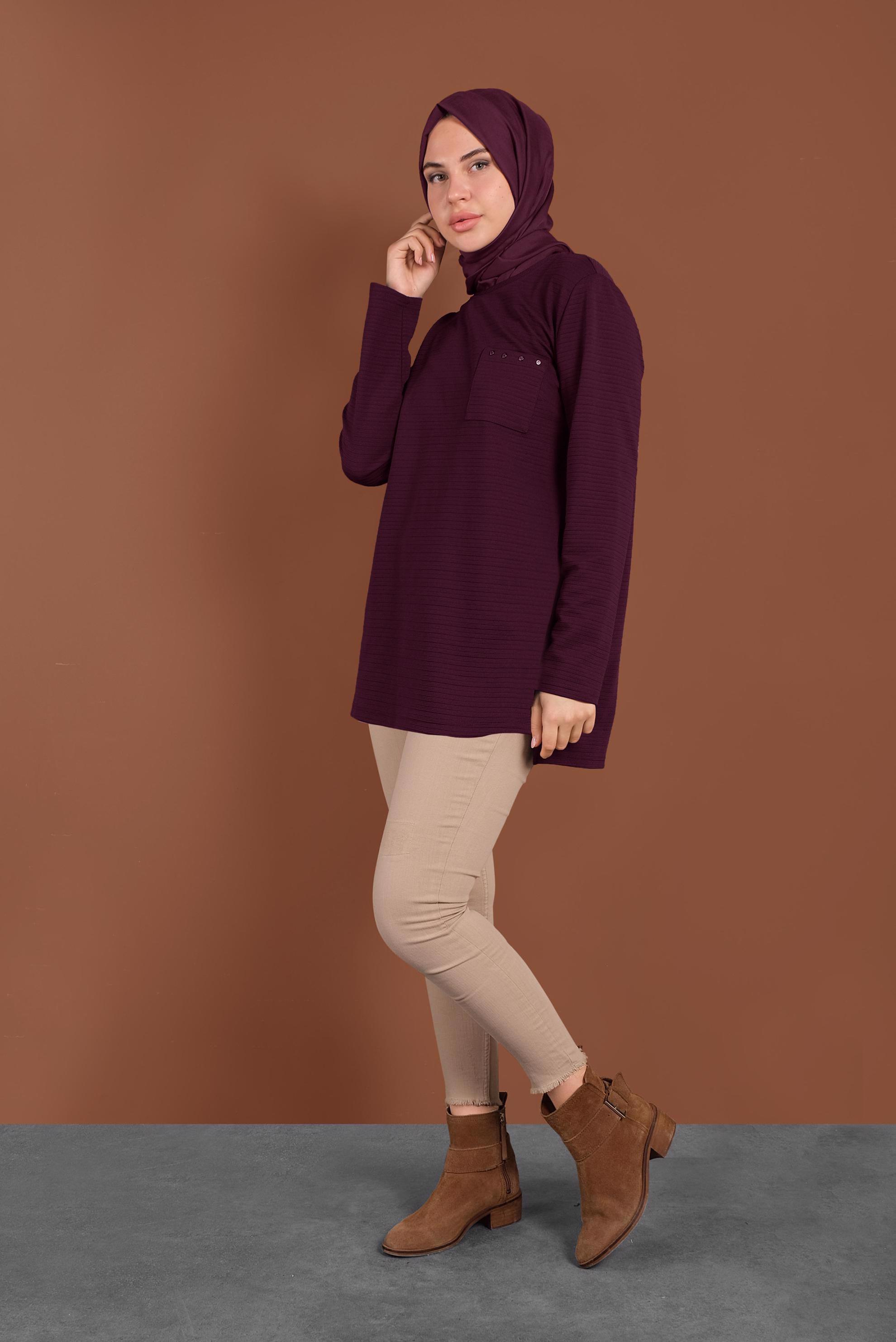 Tesettür giyim MOR ÇİZGİLİ CEPLİ TUNİK 4773