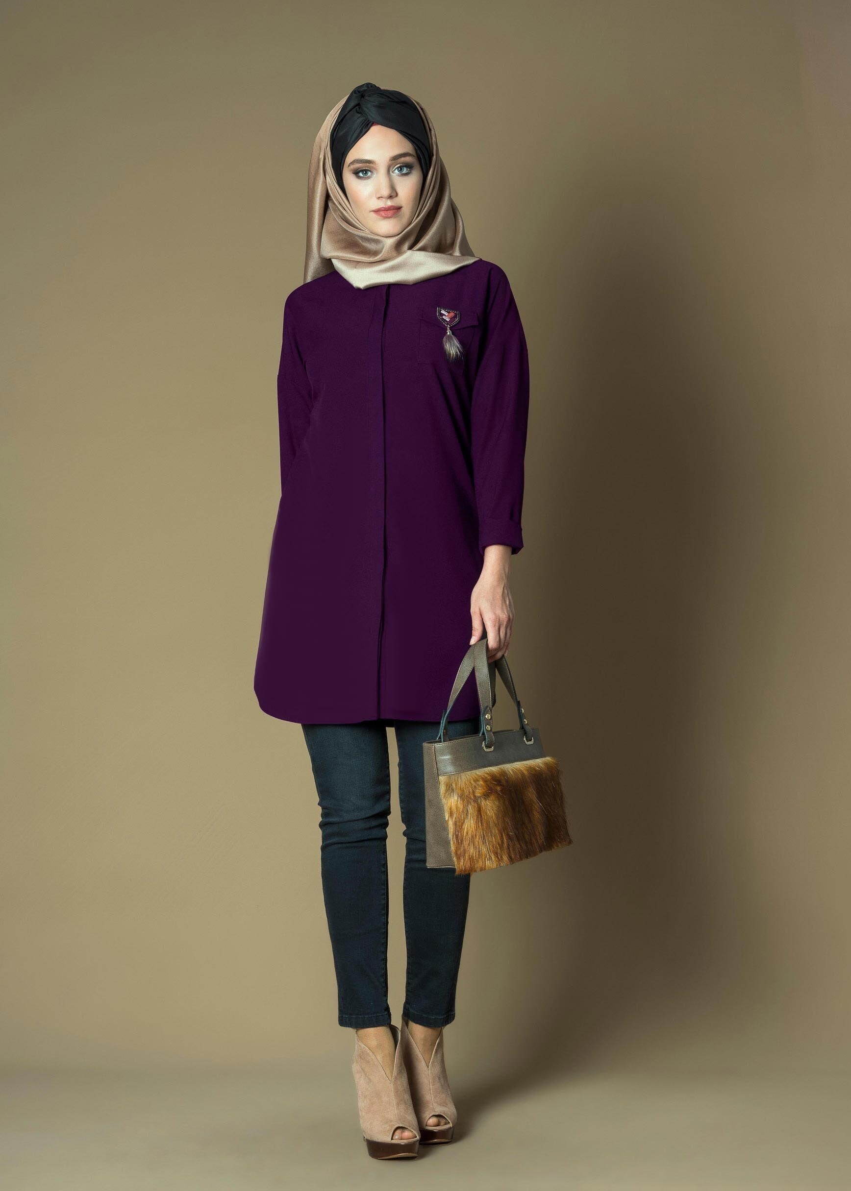 Tesettür giyim MOR GİZLİ DÜĞMELİ CEP DETAYLI TUNİK 4780
