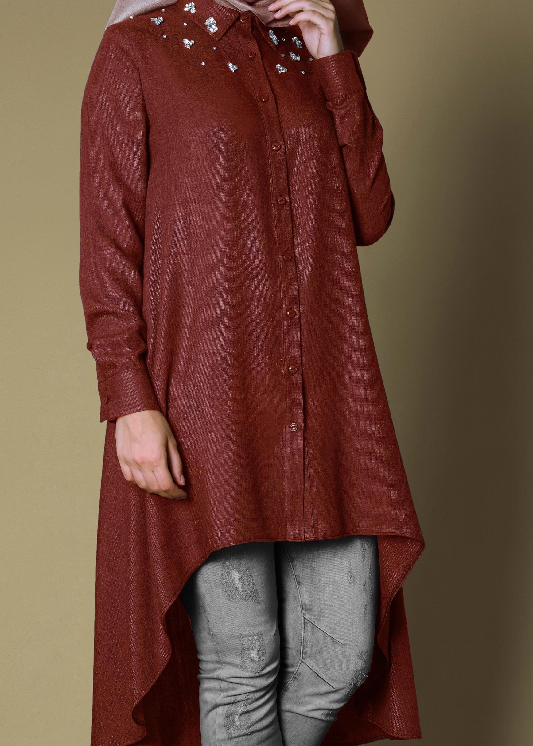 Tesettür giyim TURUNCU GENİŞ KESİM ASİMETRİK TAŞ İŞLEMELİ TUNİK 4782