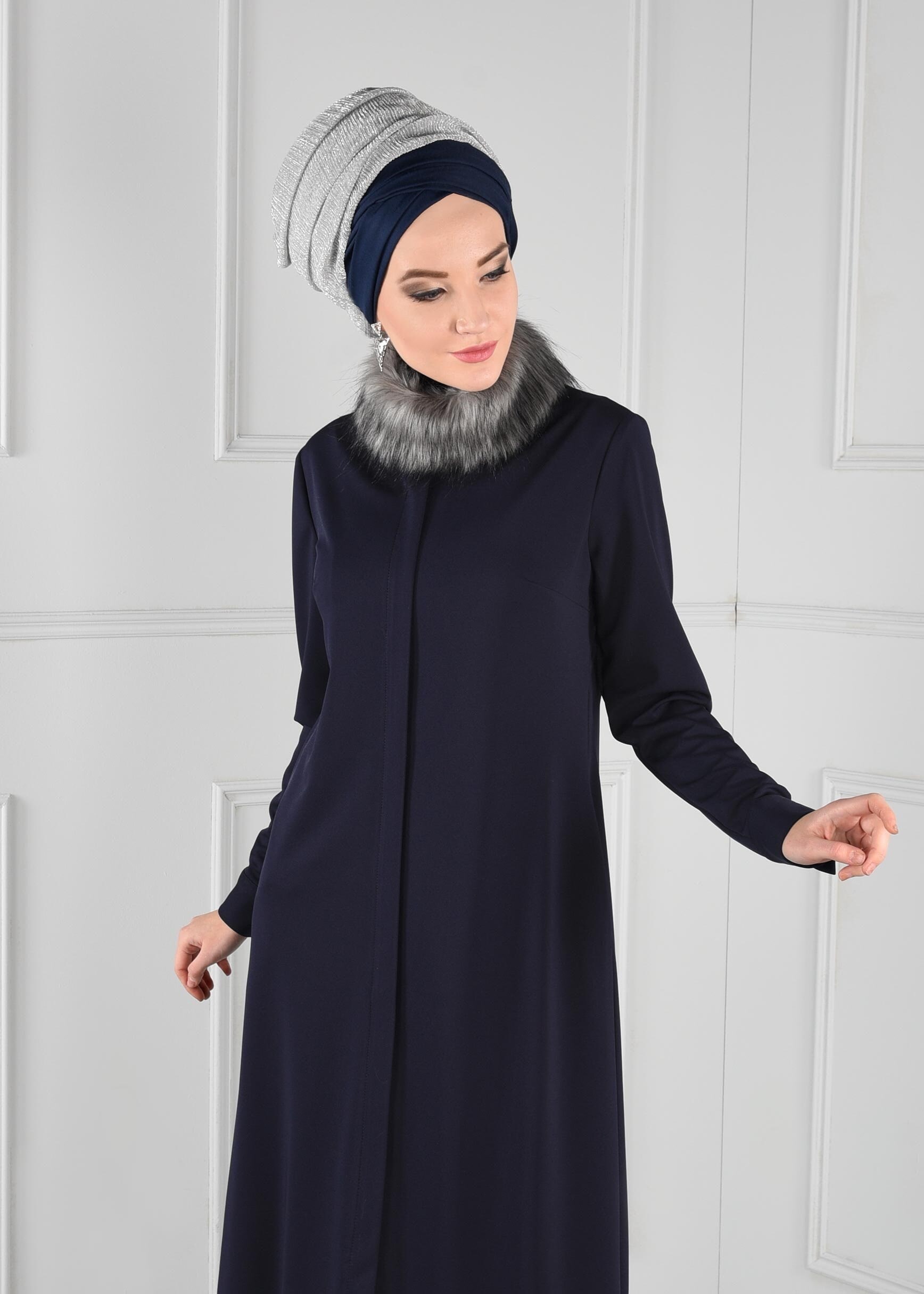 Tesettür giyim LACİVERT GİZLİ FERMUARLI YAKASI PELUŞ CEPLİ TUNİK 4783