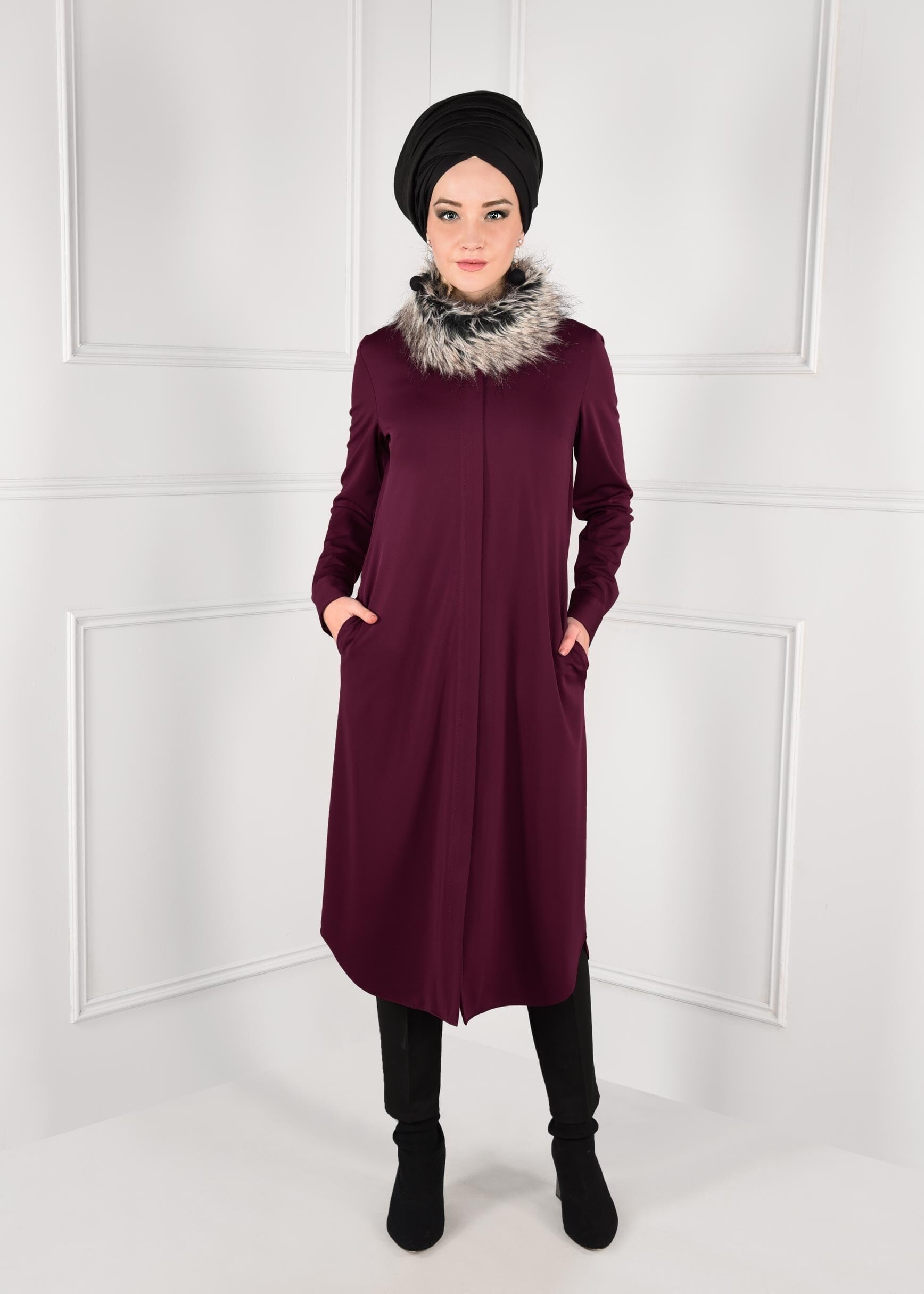Tesettür giyim MOR GİZLİ FERMUARLI YAKASI PELUŞ CEPLİ TUNİK 4783