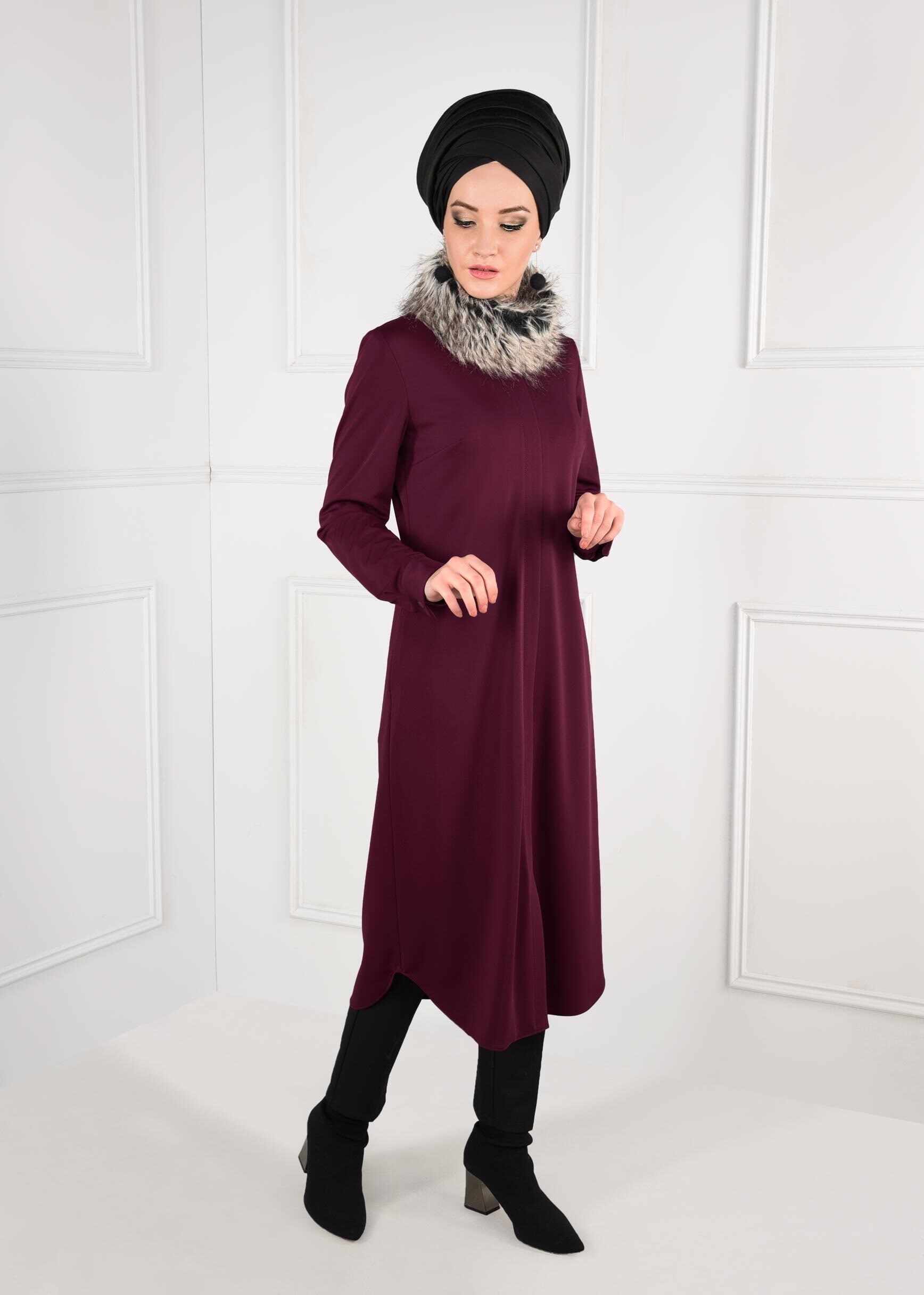 Tesettür giyim MOR GİZLİ FERMUARLI YAKASI PELUŞ CEPLİ TUNİK 4783