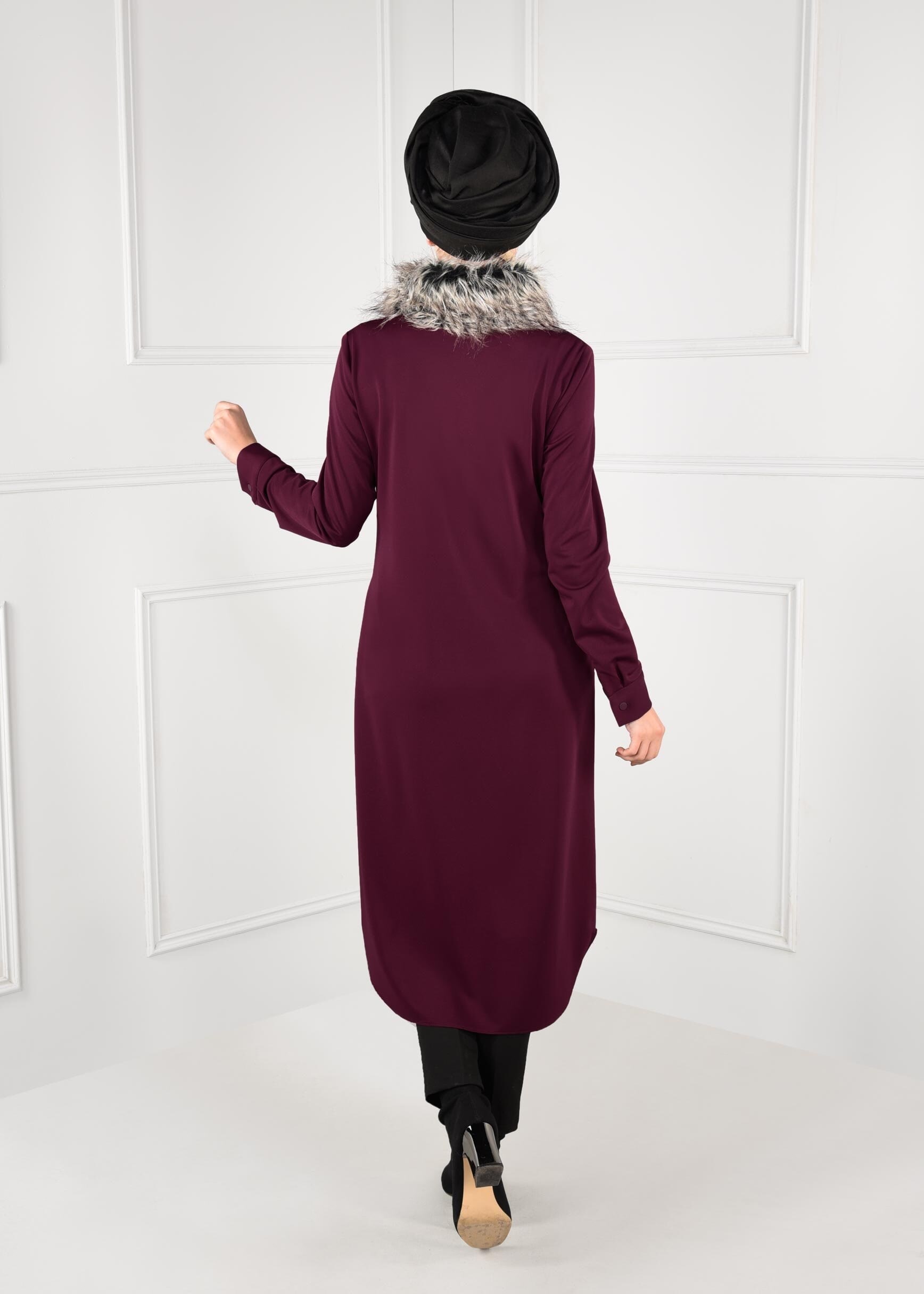 Tesettür giyim MOR GİZLİ FERMUARLI YAKASI PELUŞ CEPLİ TUNİK 4783