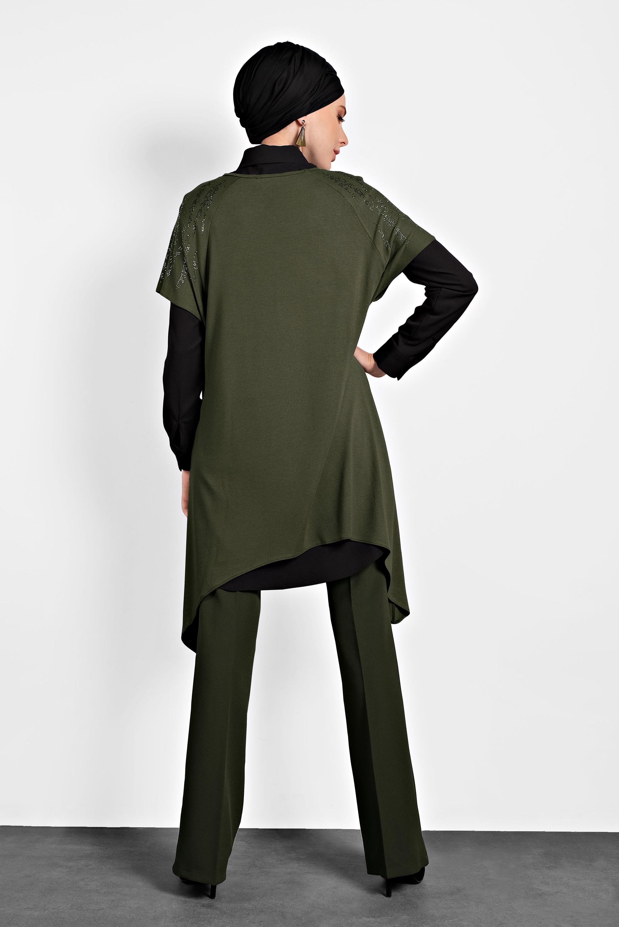 Tesettür giyim HAKİ ASİMETRİK KESİM 2&prime;Lİ TUNİK 4787