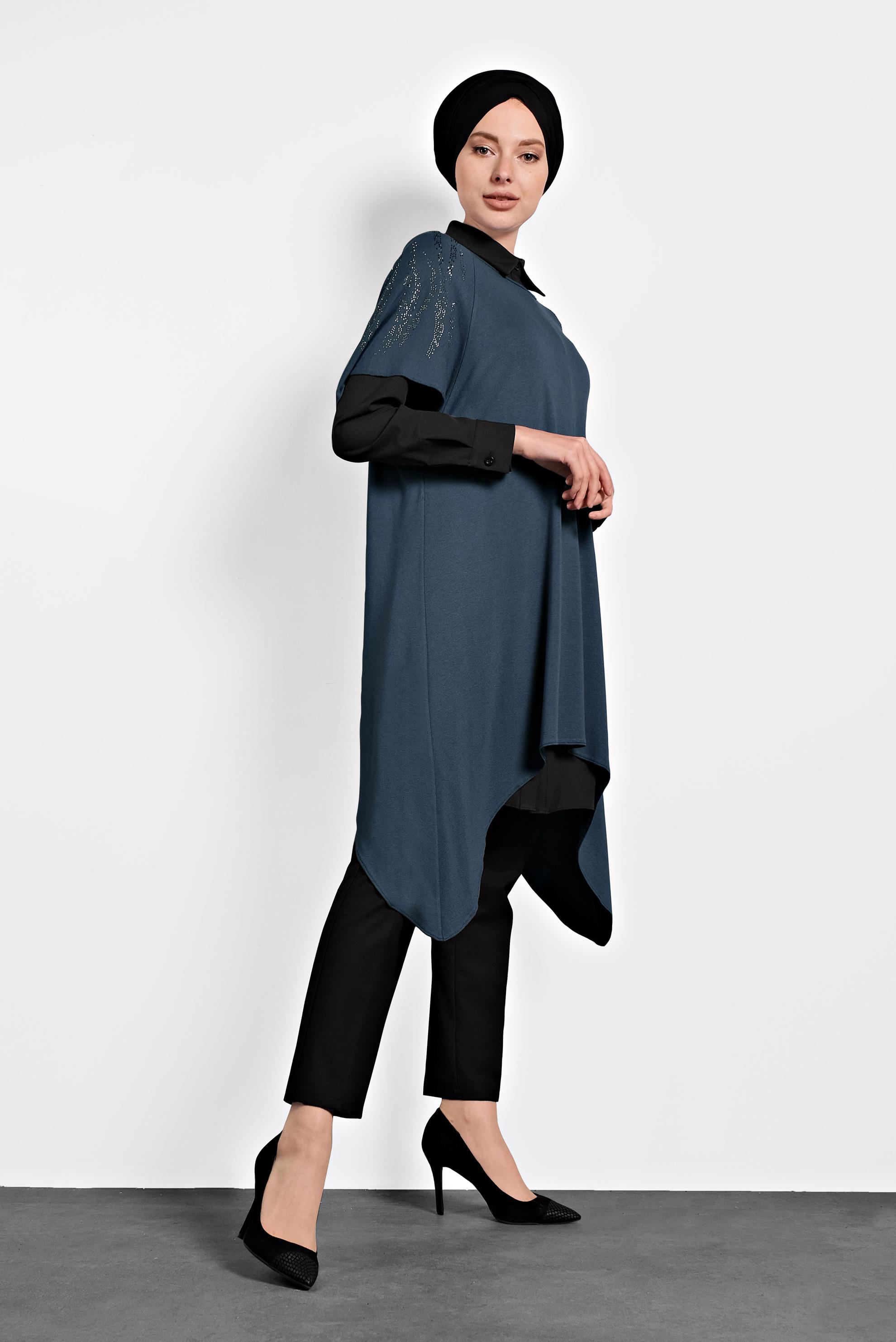 Tesettür giyim LACİVERT ASİMETRİK KESİM 2&prime;Lİ TUNİK 4787