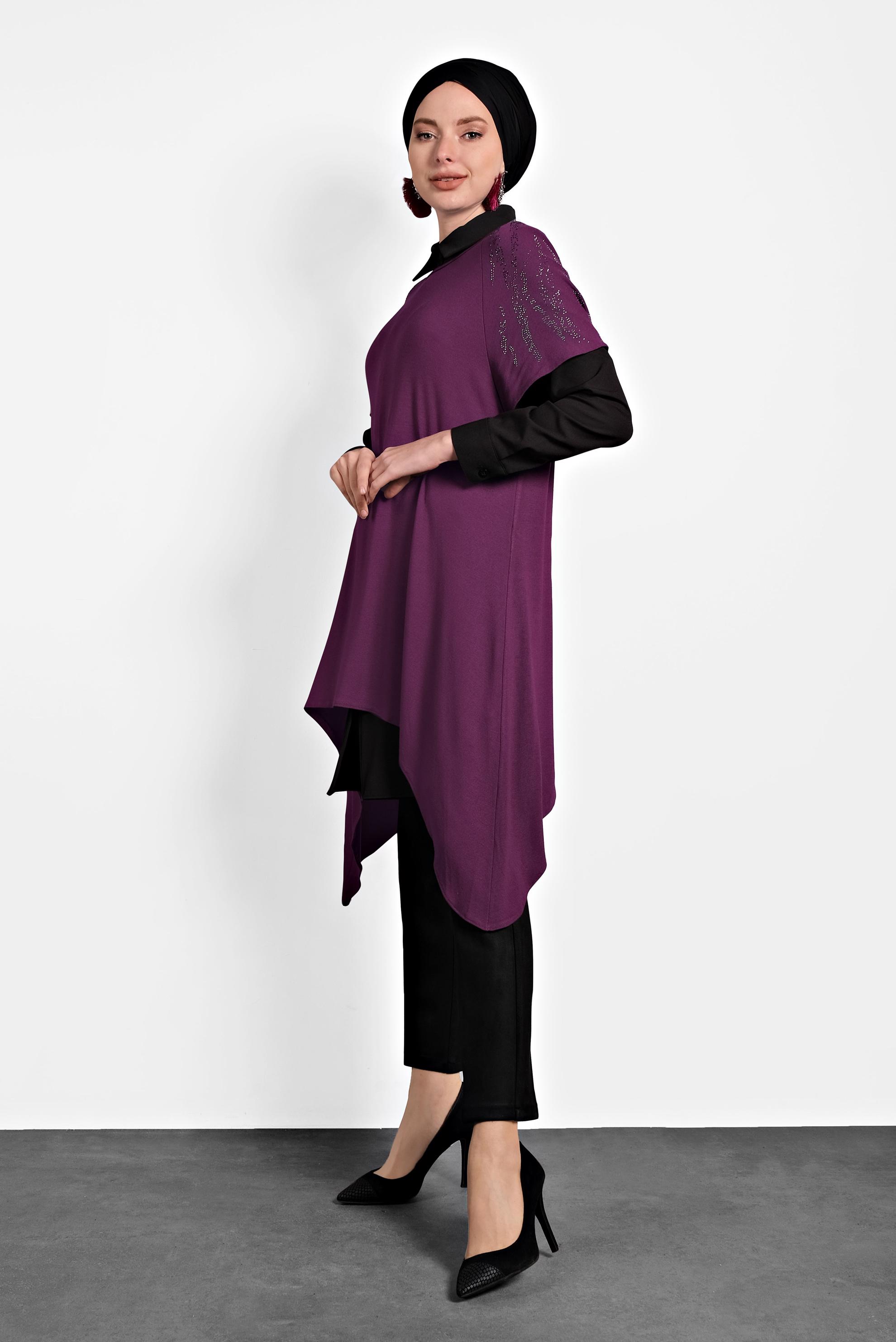 Tesettür giyim MOR ASİMETRİK KESİM 2&prime;Lİ TUNİK 4787
