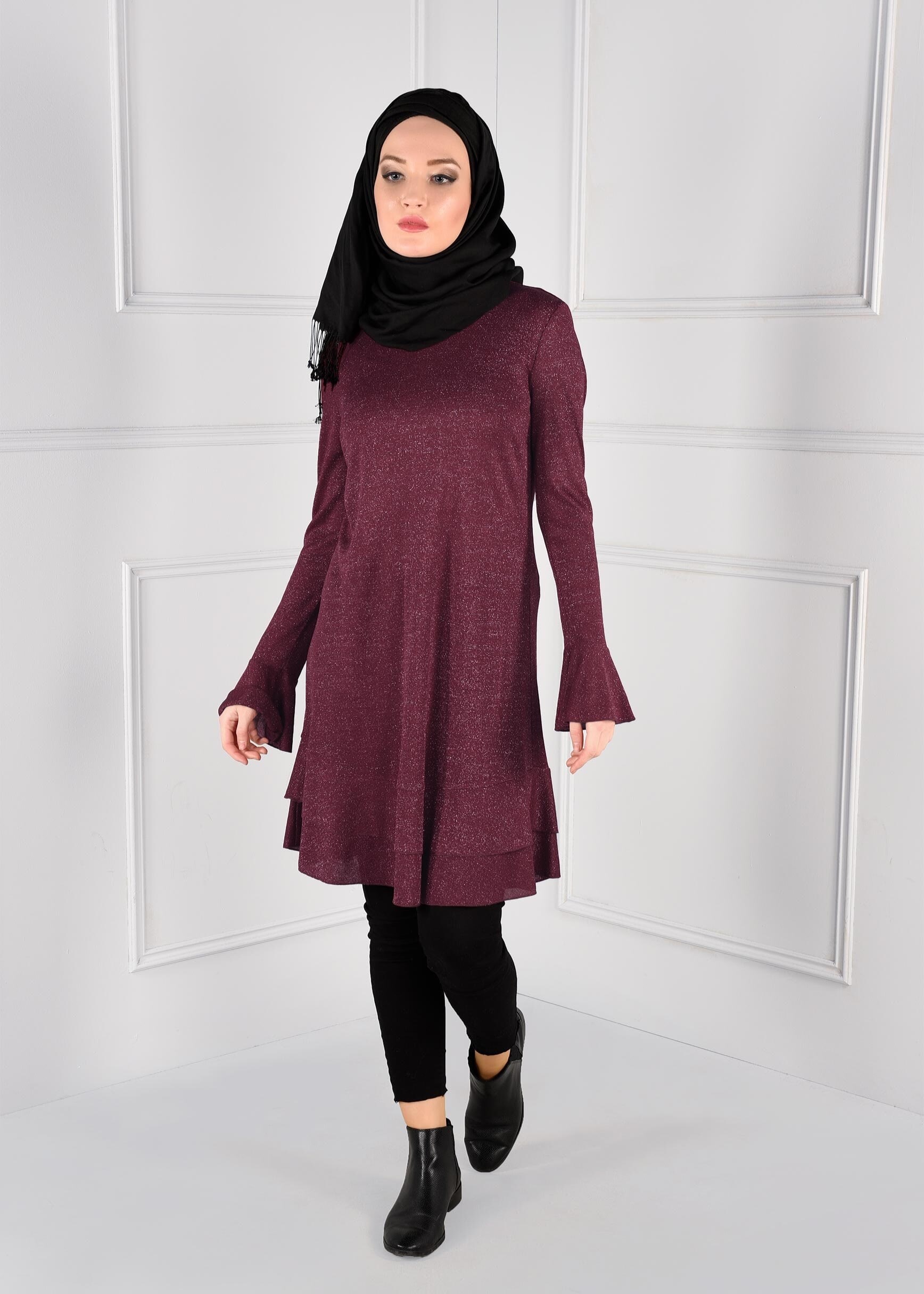 Tesettür giyim BORDO VOLANLI SİMLİ TUNİK 4793