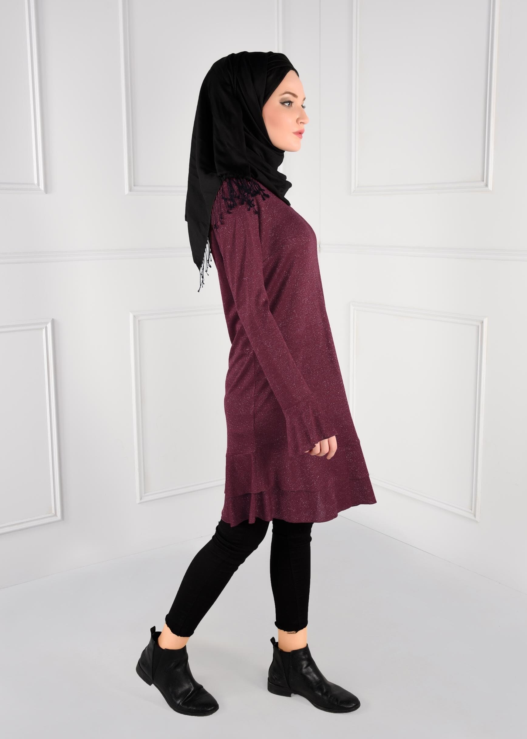 Tesettür giyim BORDO VOLANLI SİMLİ TUNİK 4793
