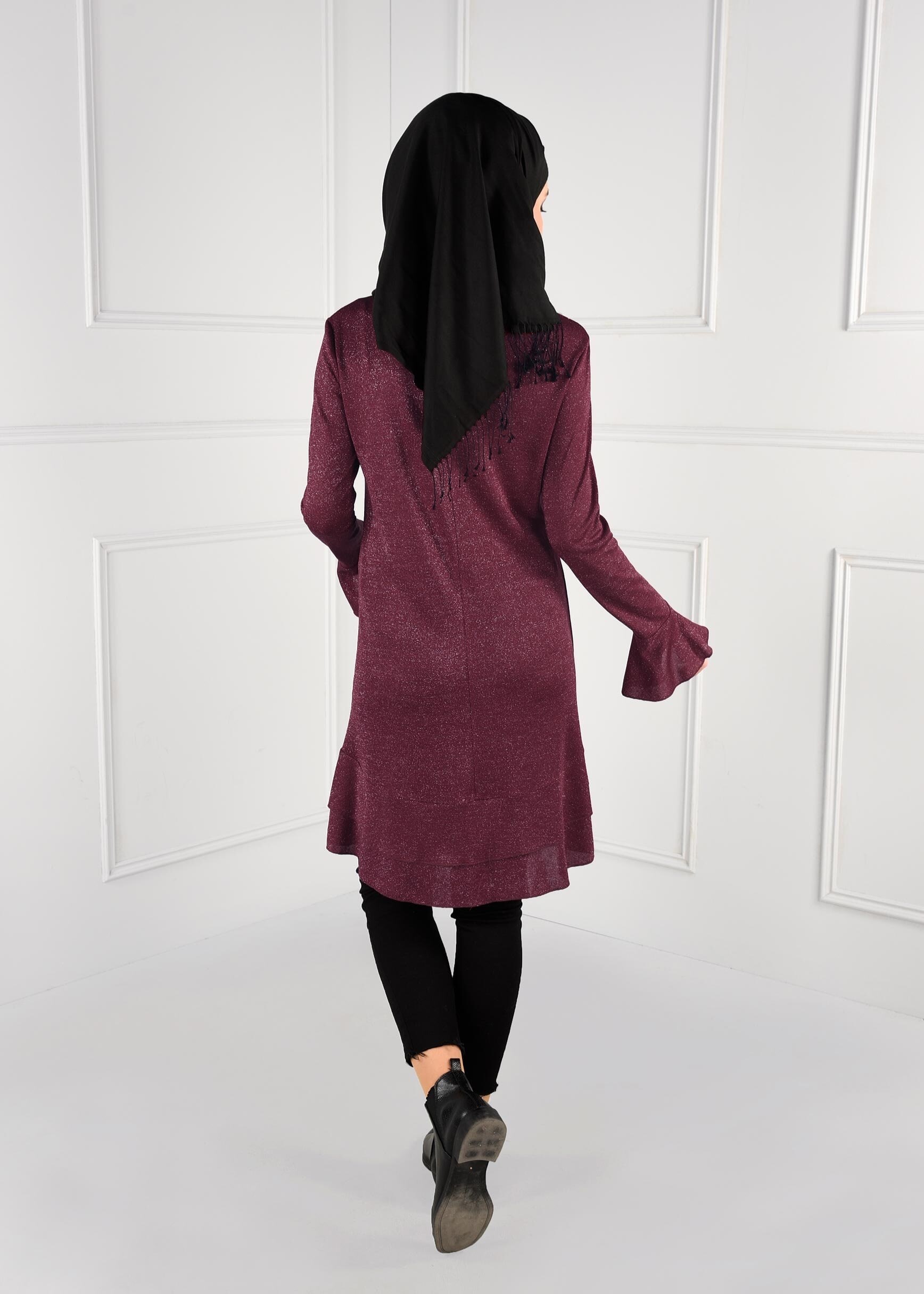 Tesettür giyim BORDO VOLANLI SİMLİ TUNİK 4793