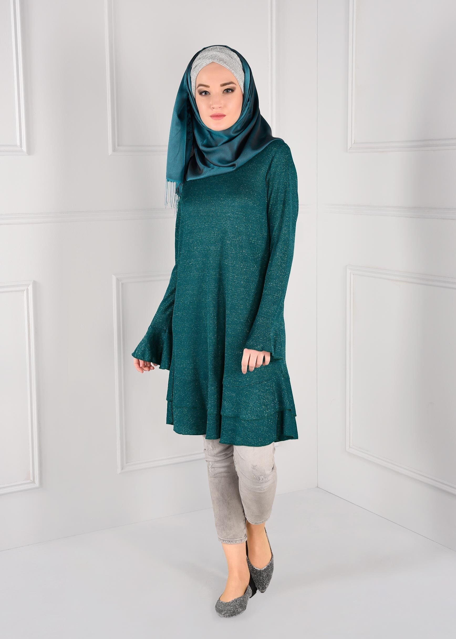 Tesettür giyim MAVİ VOLANLI SİMLİ TUNİK 4793