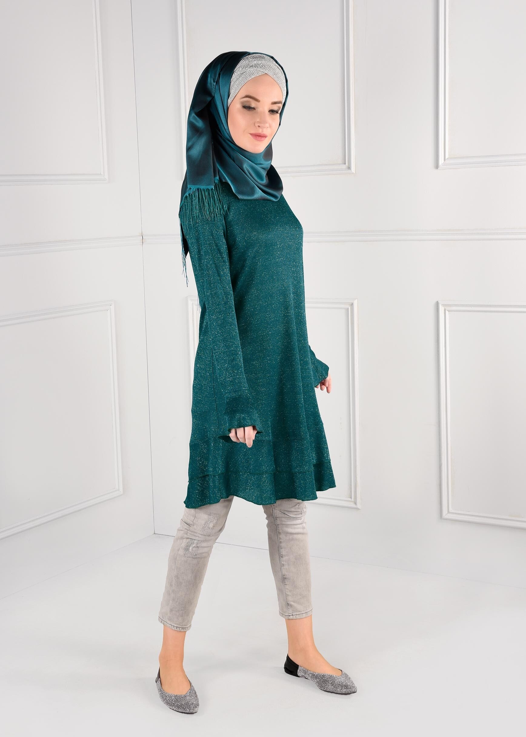 Tesettür giyim MAVİ VOLANLI SİMLİ TUNİK 4793