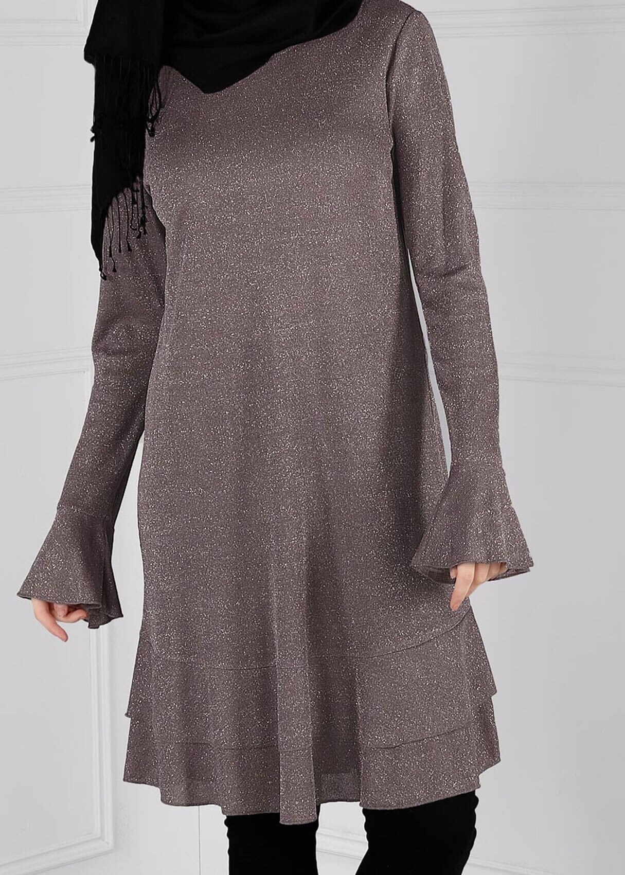 Tesettür giyim VİZON VOLANLI SİMLİ TUNİK 4793