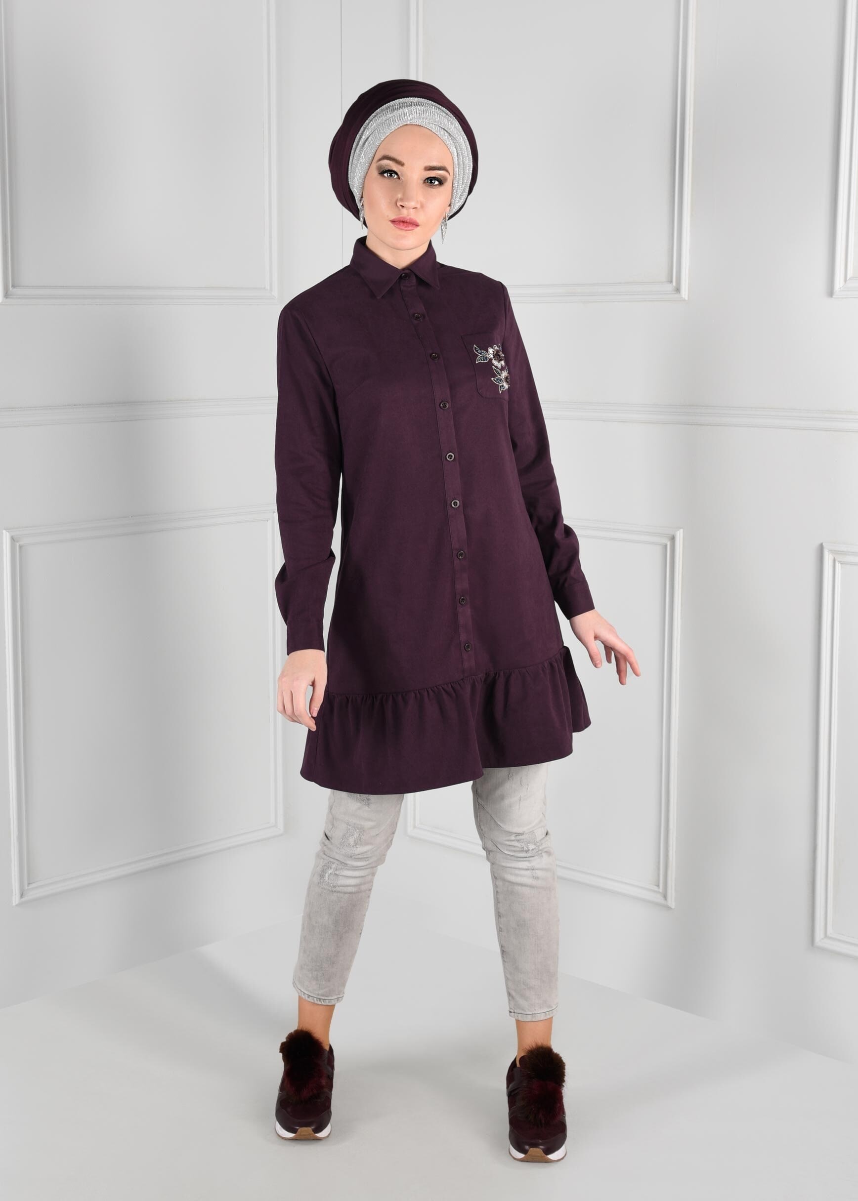 Tesettür giyim MOR CEBİ BONCUK İŞLEMELİ TUNİK 4813