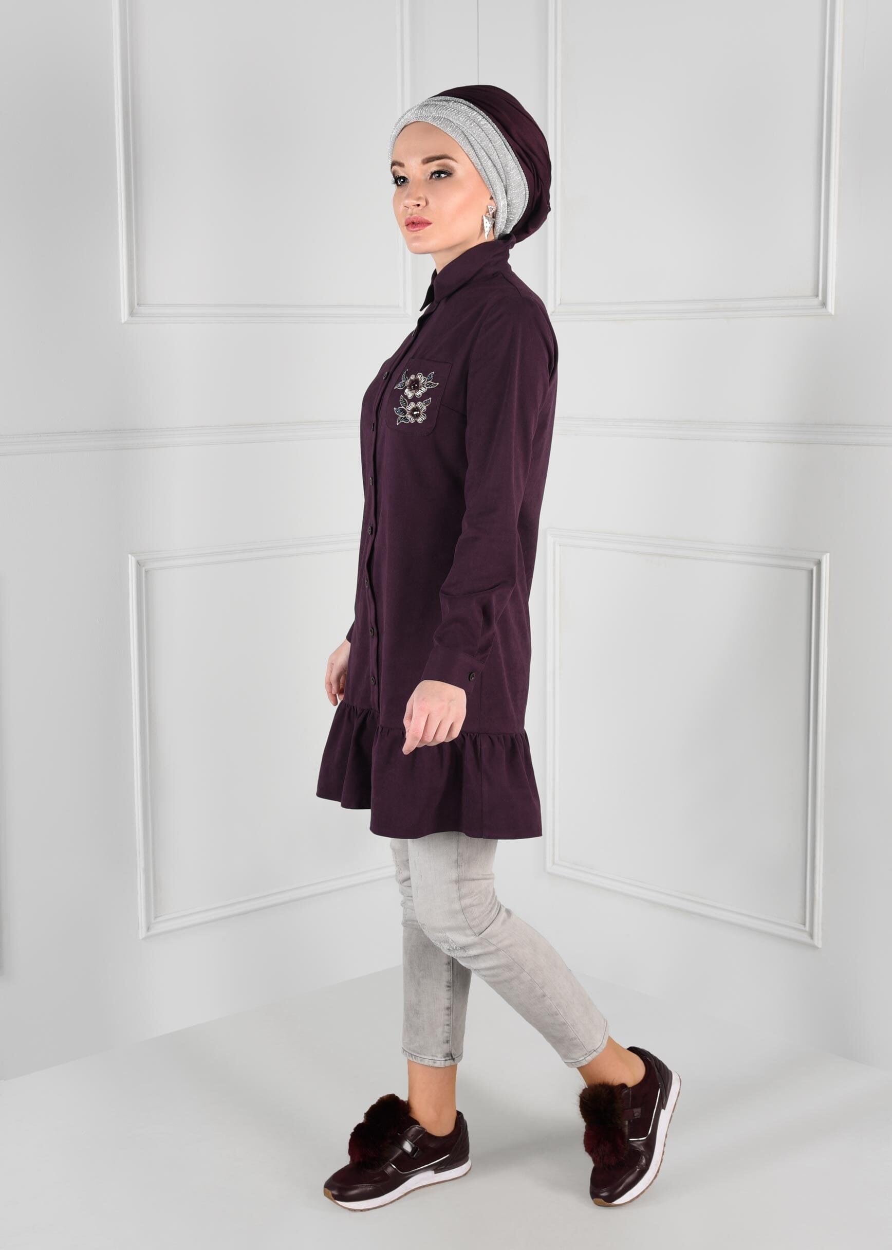 Tesettür giyim MOR CEBİ BONCUK İŞLEMELİ TUNİK 4813