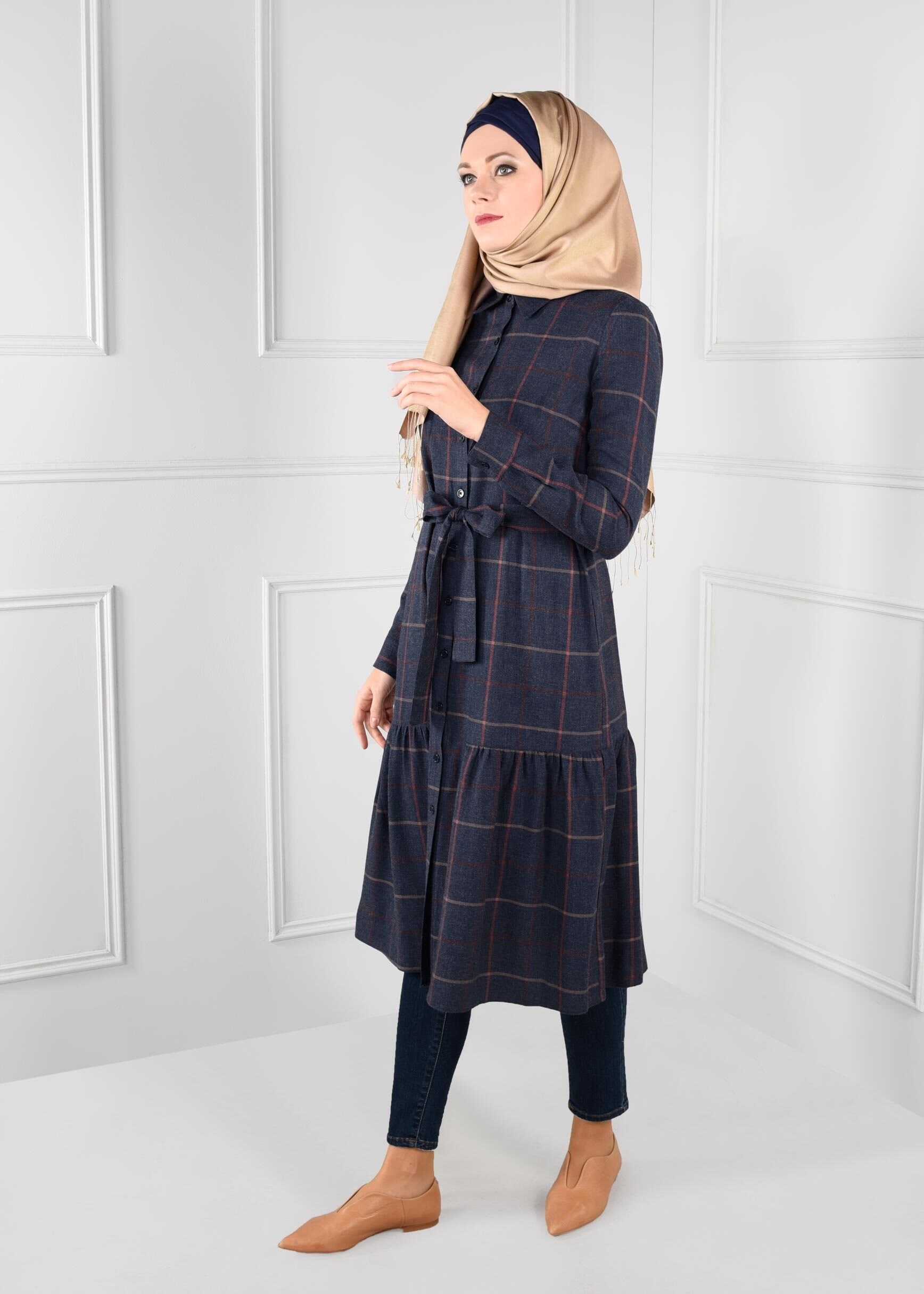 Tesettür giyim LACİVERT KARELİ KUŞAKLI TUNİK 4814
