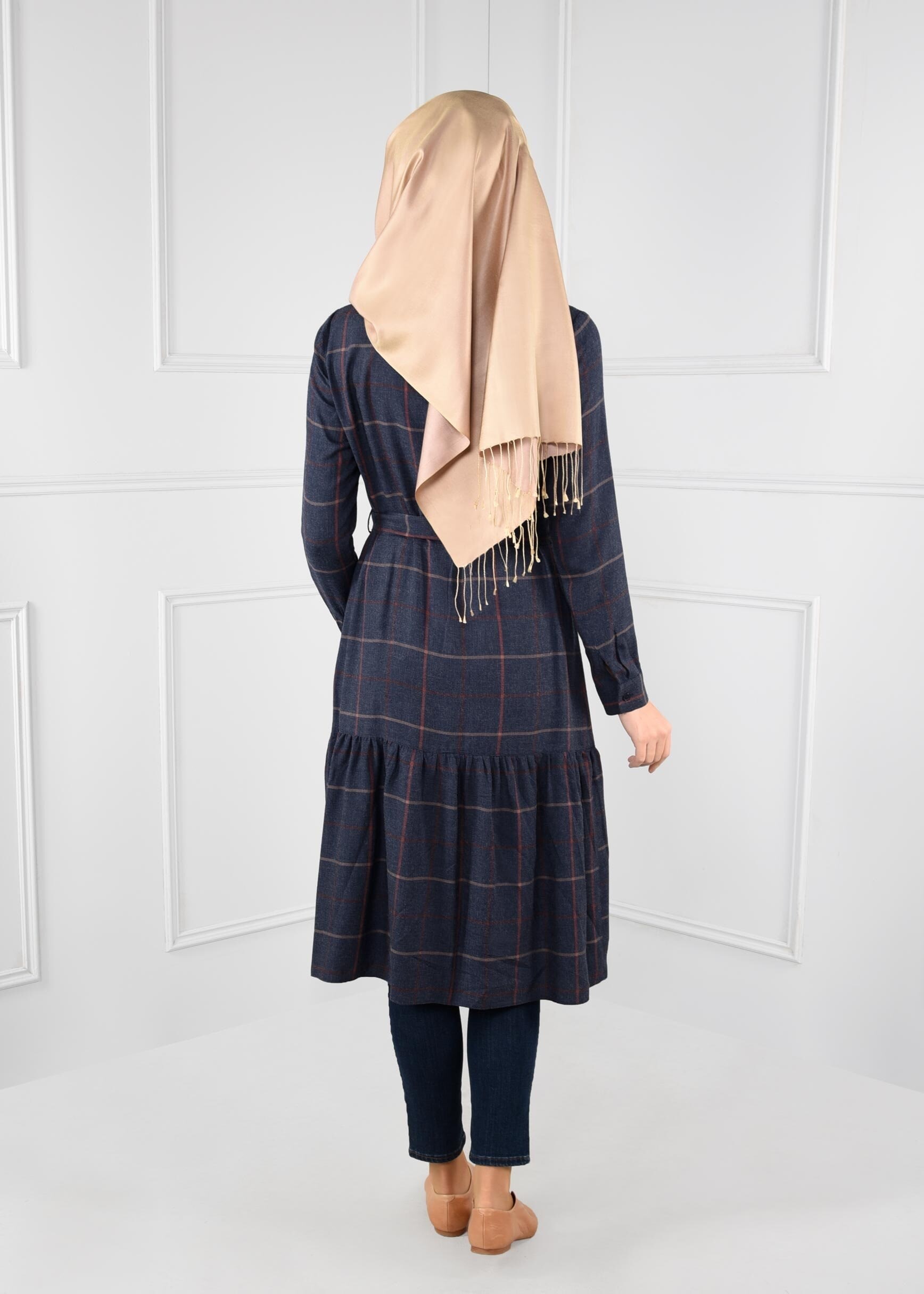 Tesettür giyim LACİVERT KARELİ KUŞAKLI TUNİK 4814