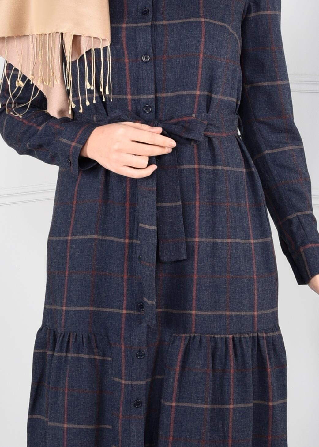 Tesettür giyim LACİVERT KARELİ KUŞAKLI TUNİK 4814