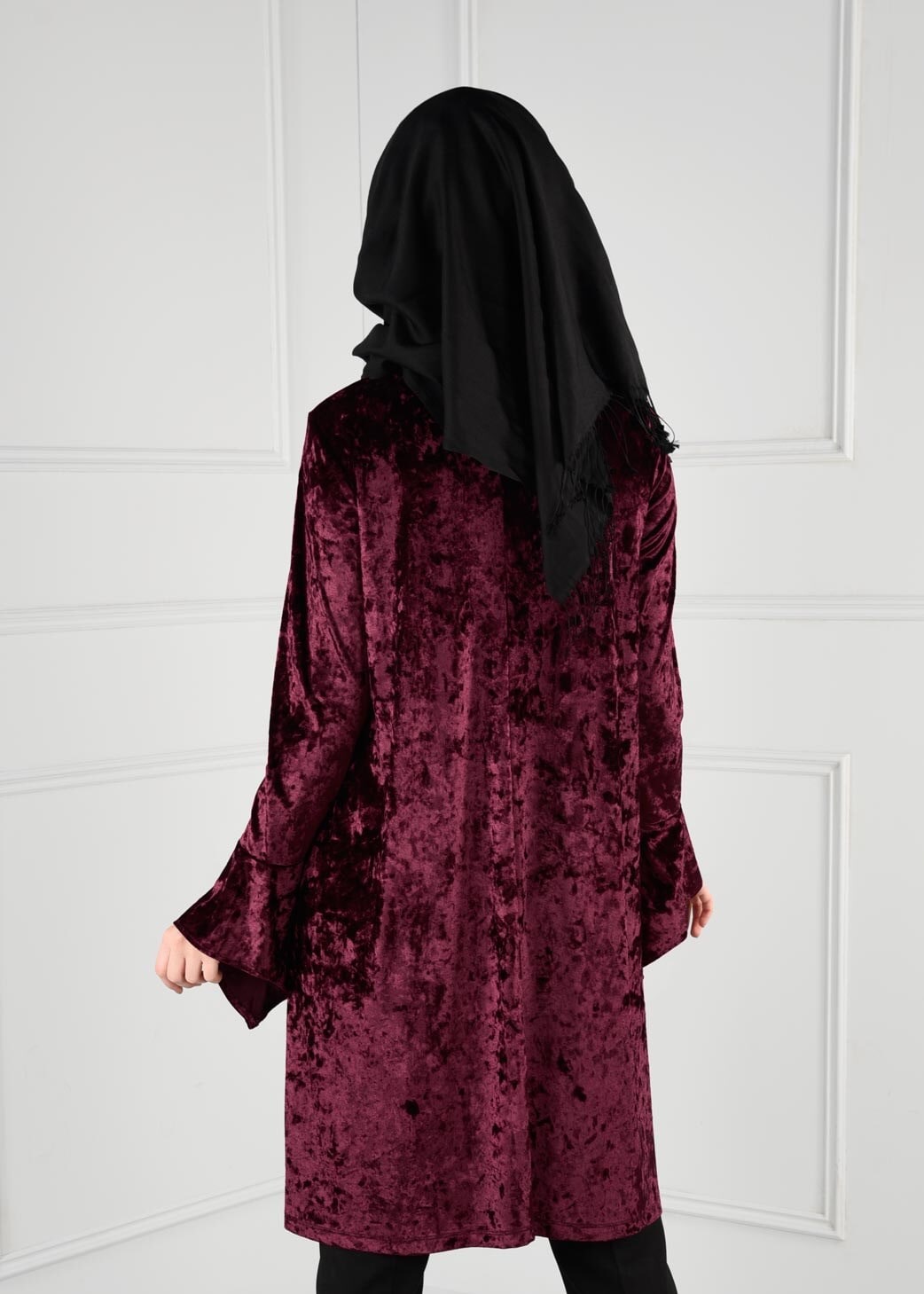 Tesettür giyim BORDO KOLLARI VOLANLI KADİFE TUNİK 4825