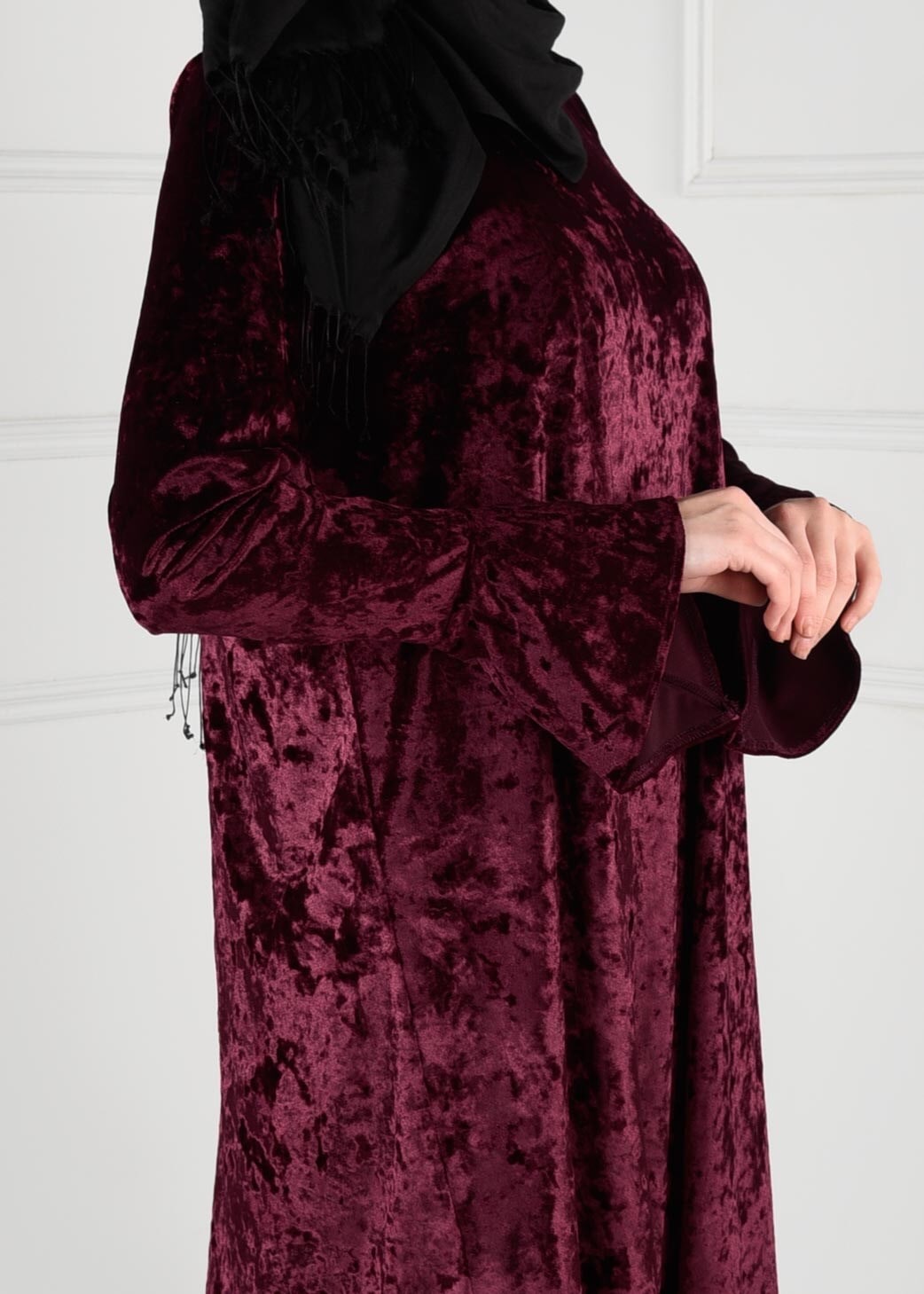 Tesettür giyim BORDO KOLLARI VOLANLI KADİFE TUNİK 4825