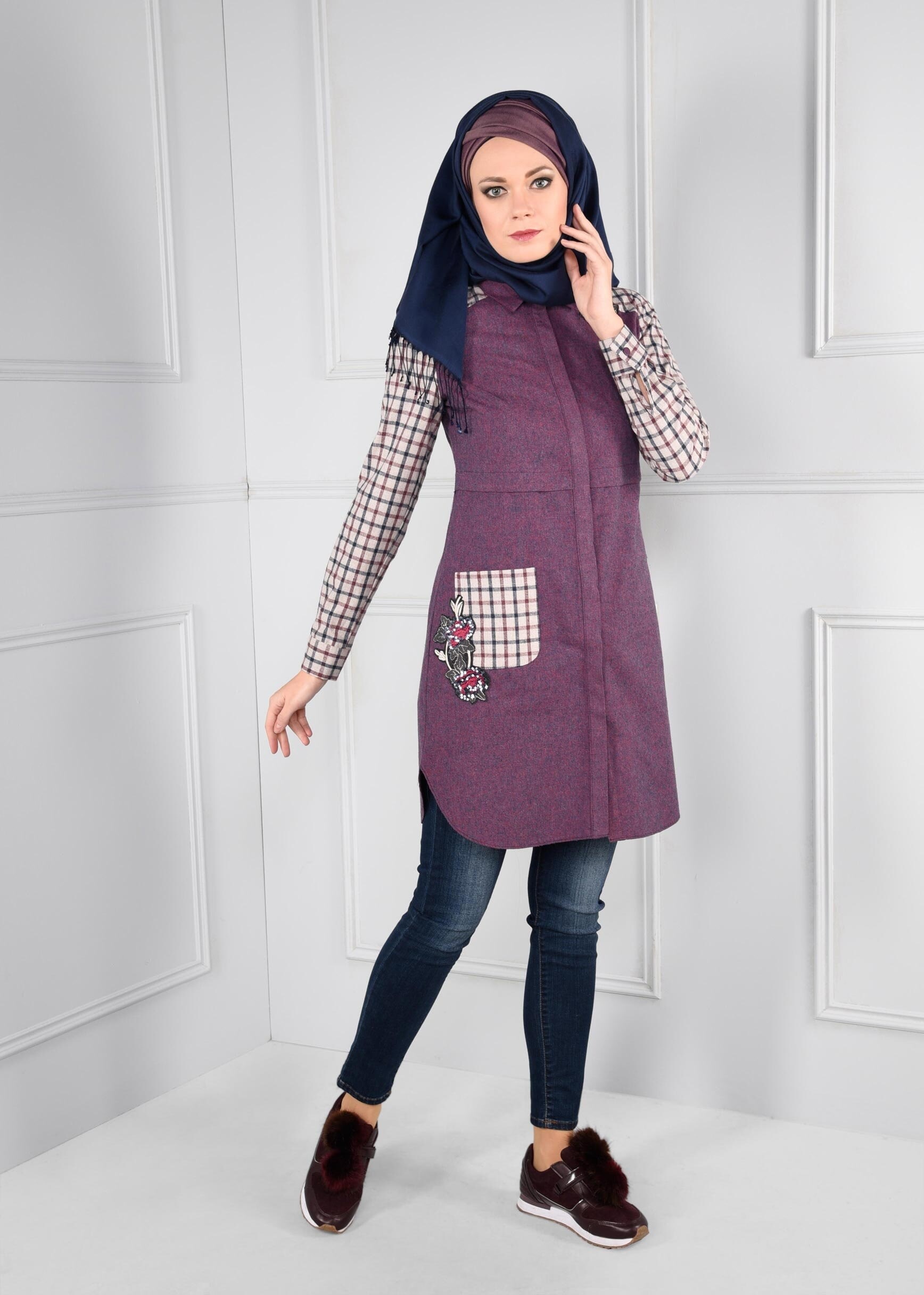 Tesettür giyim LACİVERT KOLLARI EKOSE CEPLİ TUNİK 4831